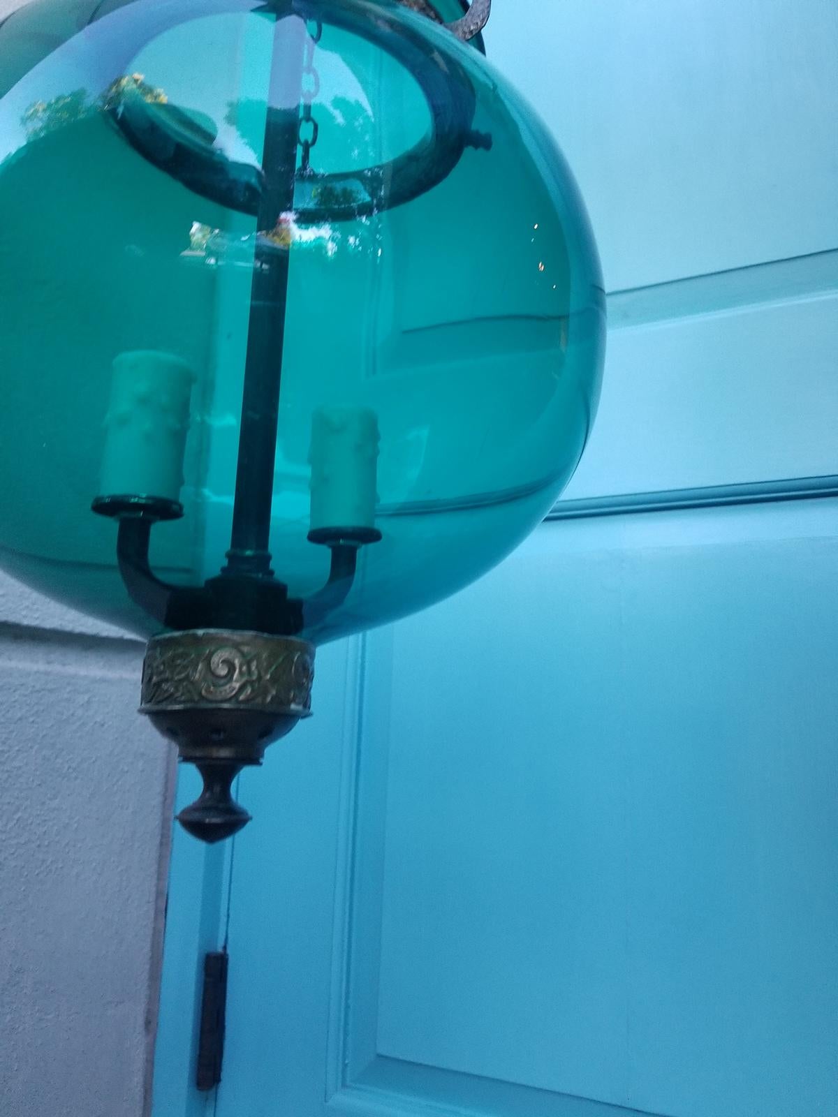 19th Century English Green Glass Bell Jar Lantern with Smoke Bell, Handblown 4