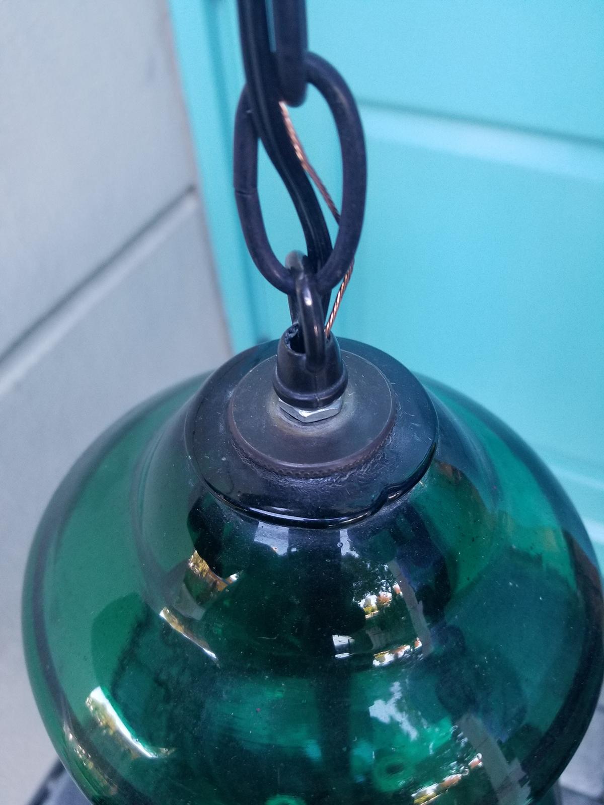 19th Century English Green Glass Bell Jar Lantern with Smoke Bell, Handblown 5