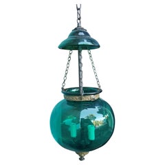 19th Century English Green Glass Bell Jar Lantern with Smoke Bell, Handblown