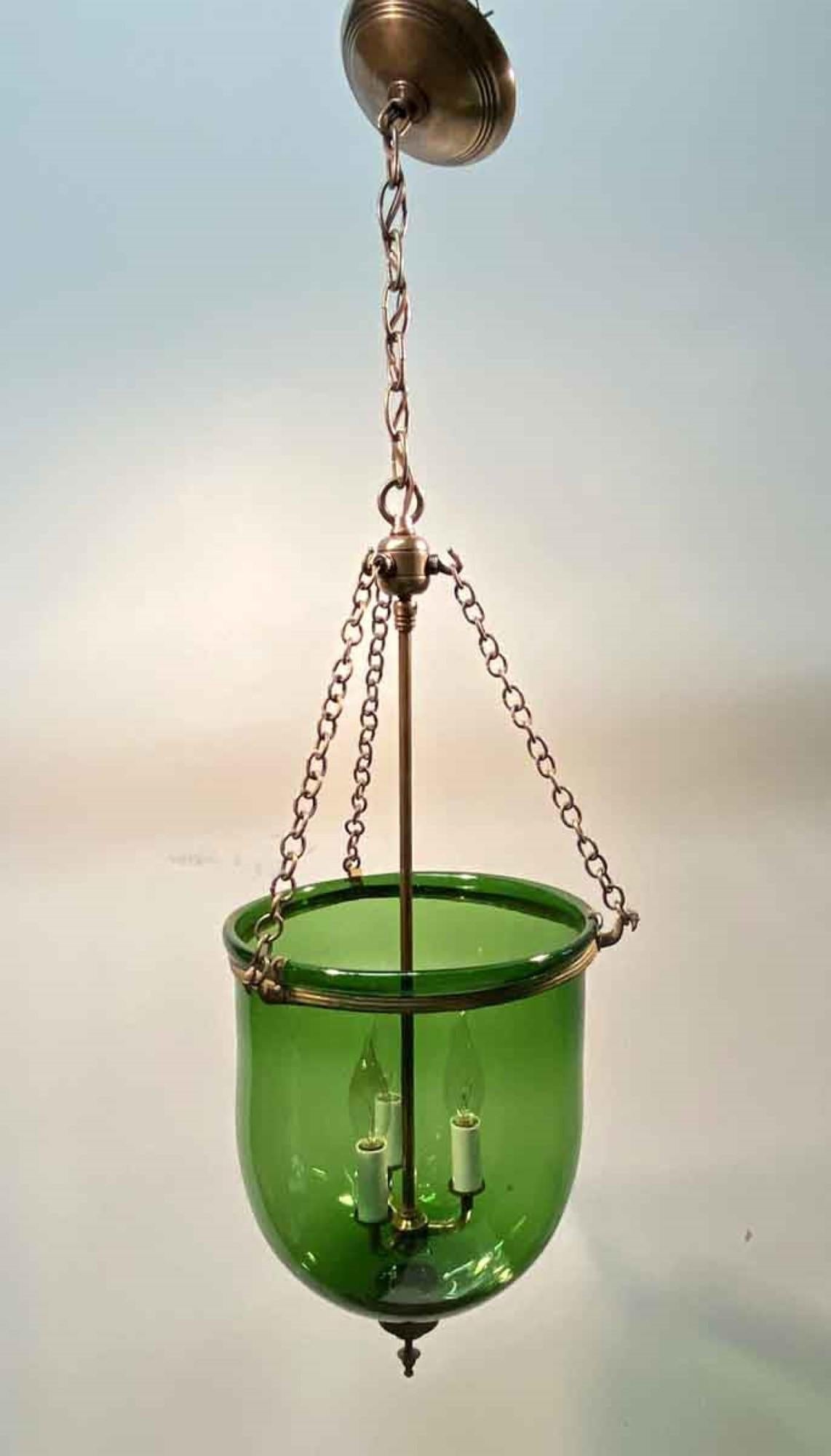 19th century green English hand blown glass bell jar lantern pendant light with new brass hardware and finial. Price includes restoration. This can be seen at our 400 Gilligan St location in Scranton. PA.