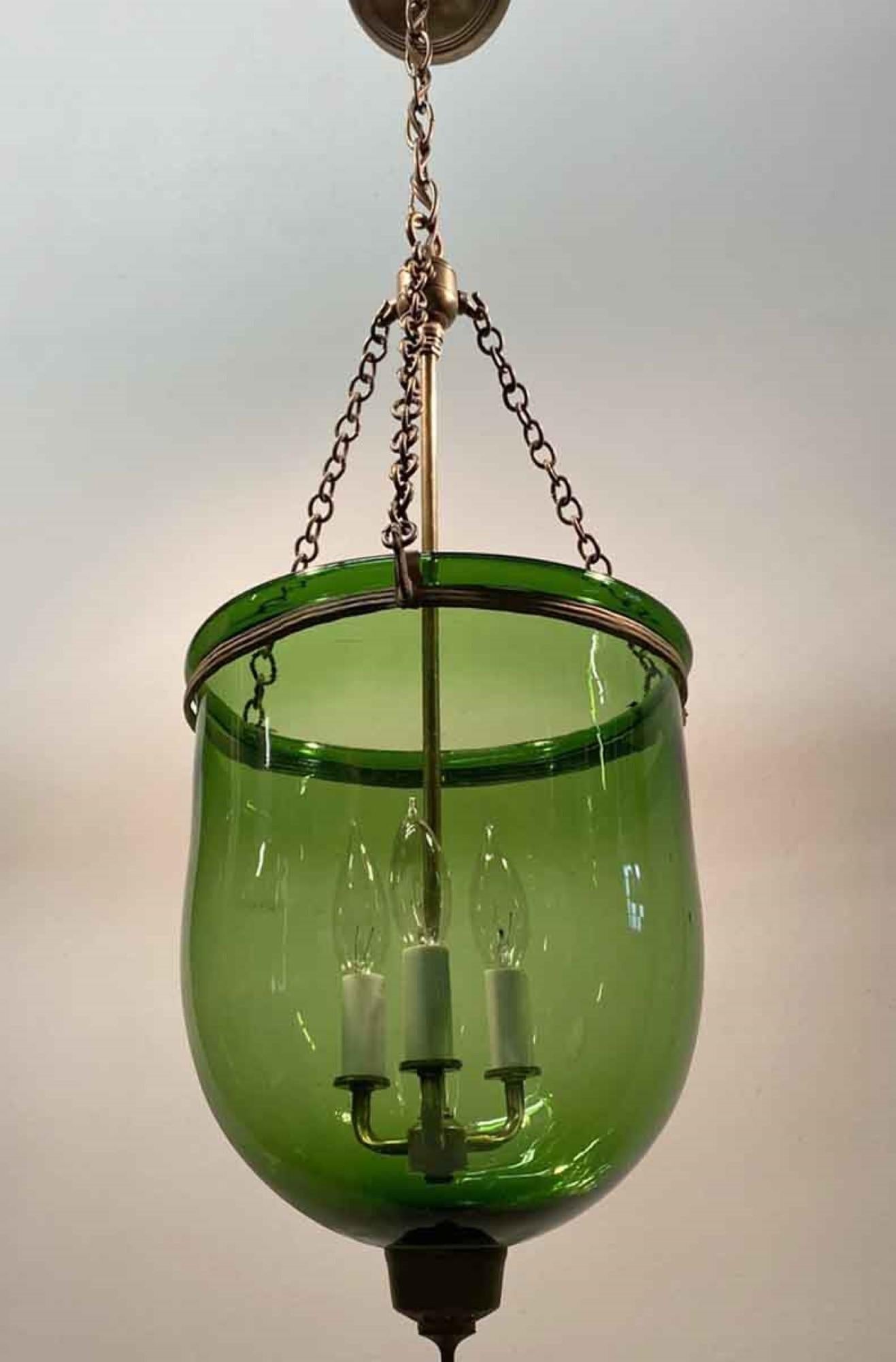 19th Century English Green Hand Blown Glass Bell Jar Pendant Light in Green In Good Condition In New York, NY