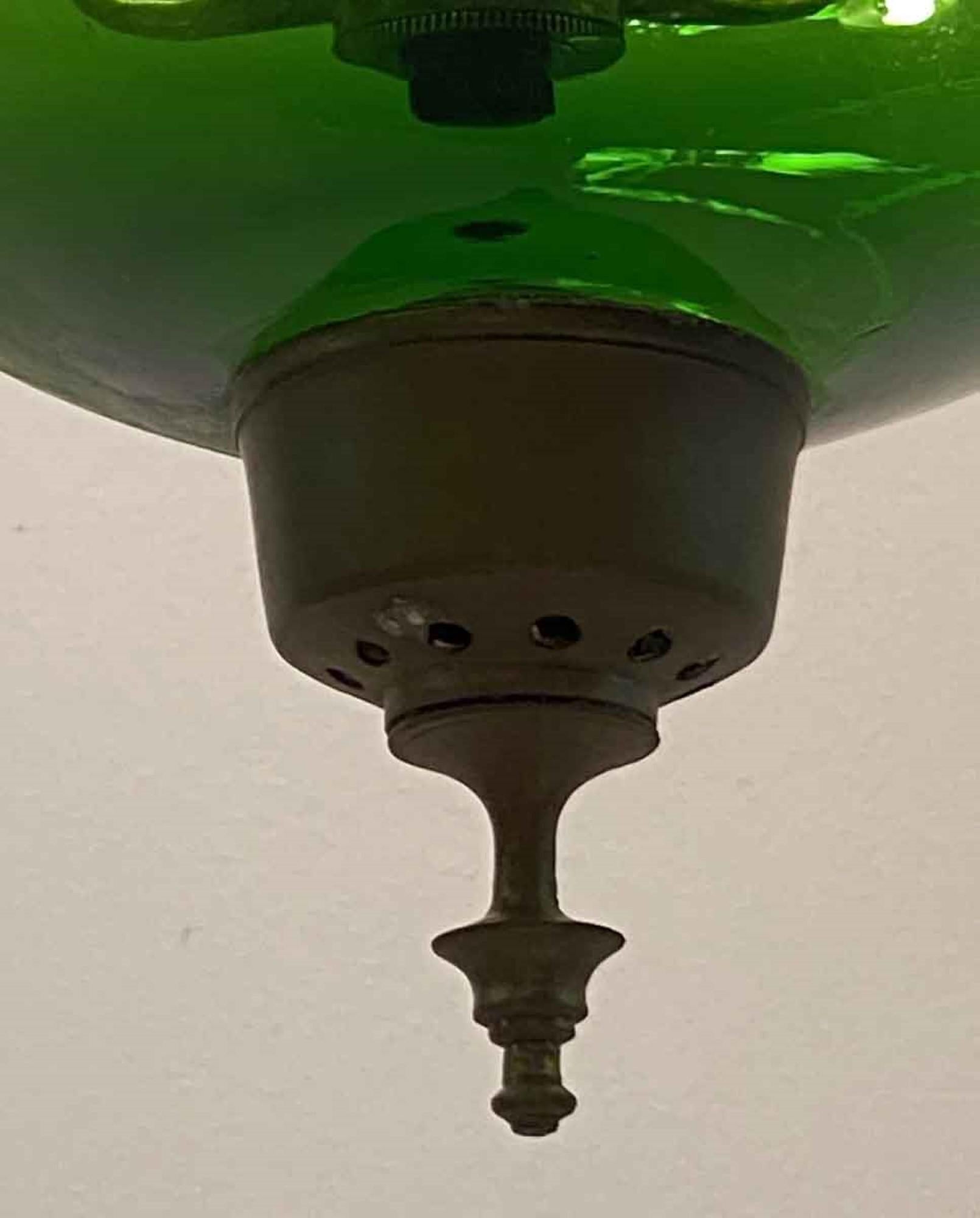 Brass 19th Century English Green Hand Blown Glass Bell Jar Pendant Light in Green