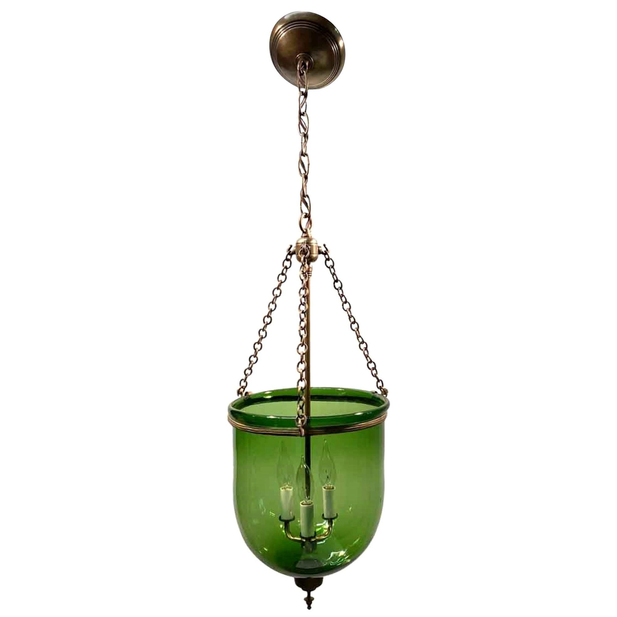 19th Century English Green Hand Blown Glass Bell Jar Pendant Light in Green