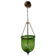 Antique 19th Century English Green Hand Blown Glass Bell Jar Pendant Light in Green