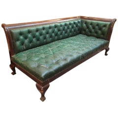 19th Century English Green Leather Capitone Asymmetric Sofa. 1890s