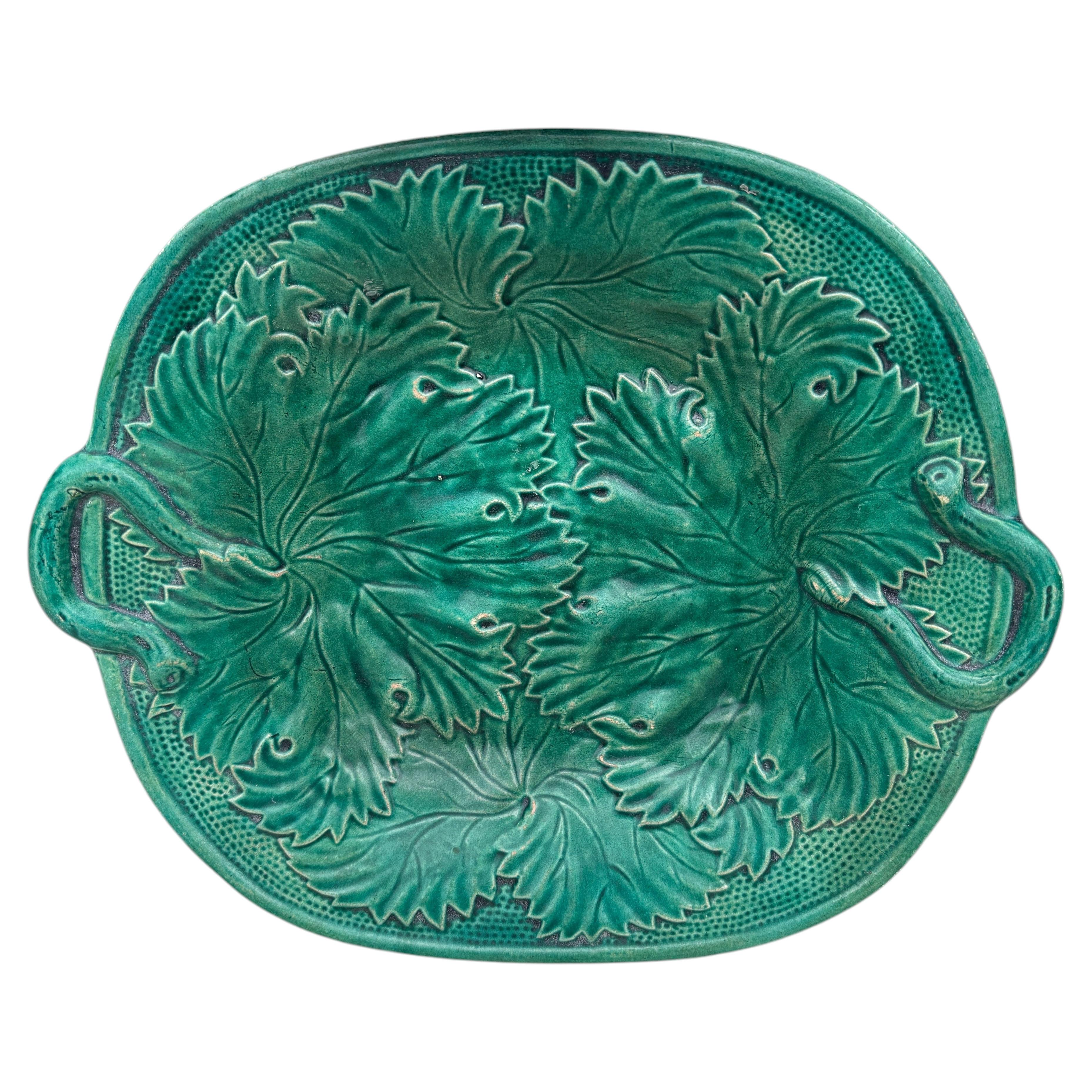 19th Century English Green Leaves Majolica Platter