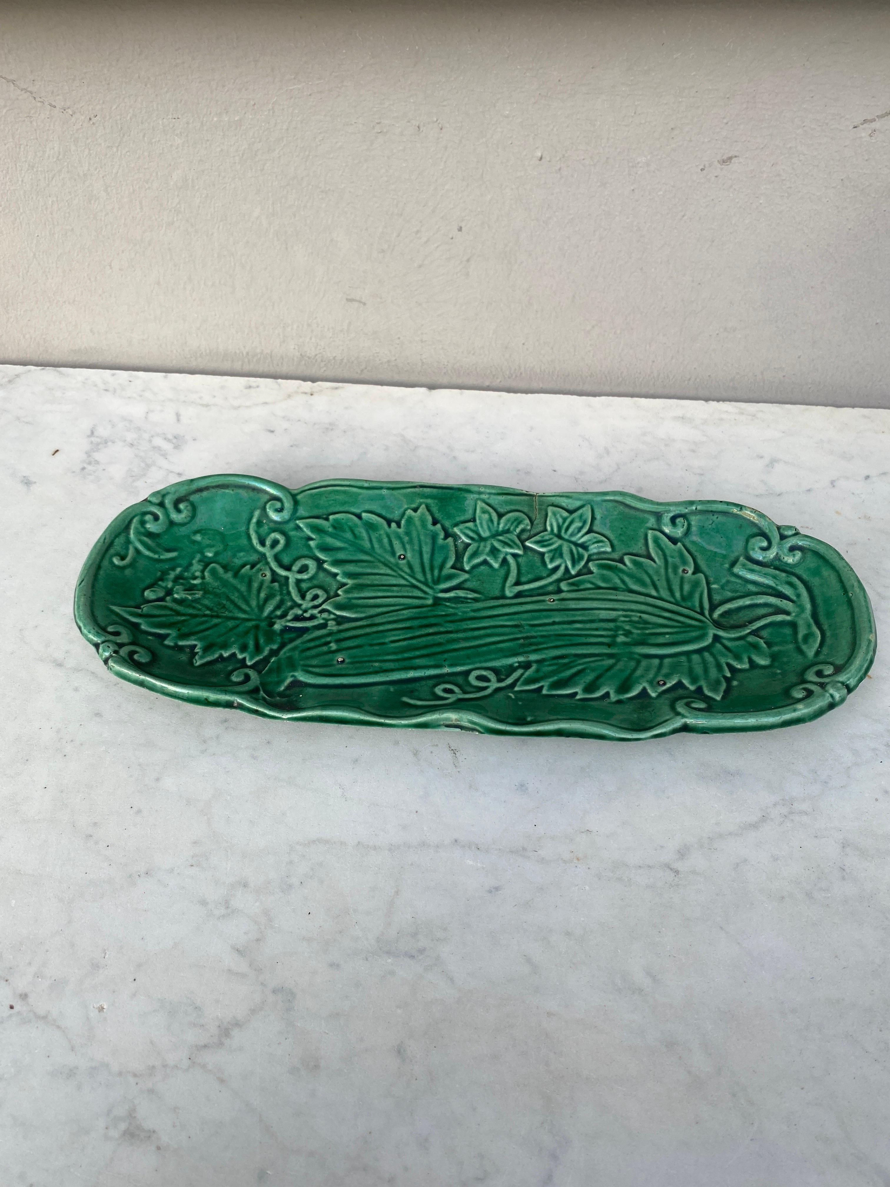 19th Century English Green Majolica Cucumber Platter.