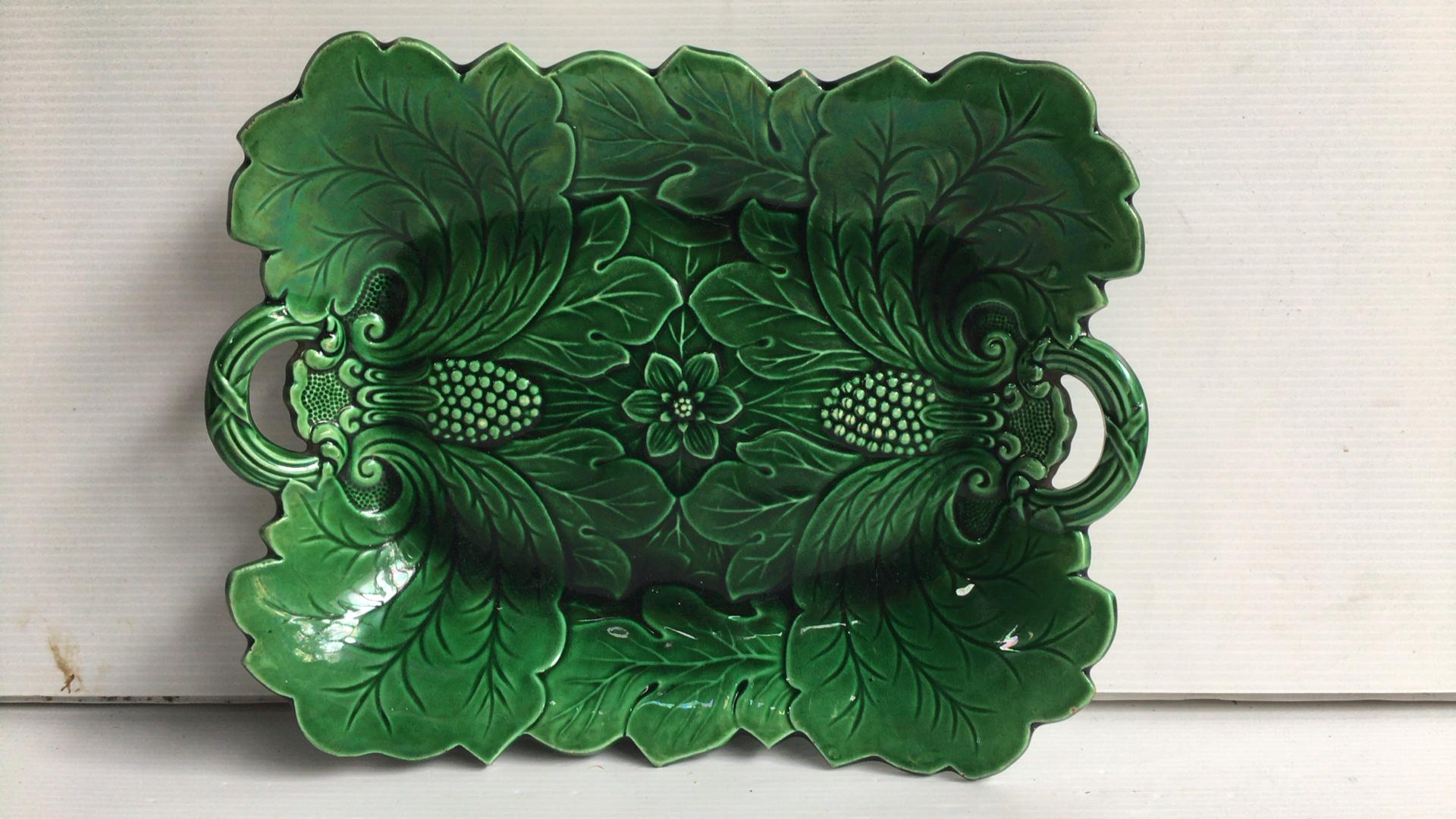 19th Century English green Majolica handled rectangular platter with leaves.