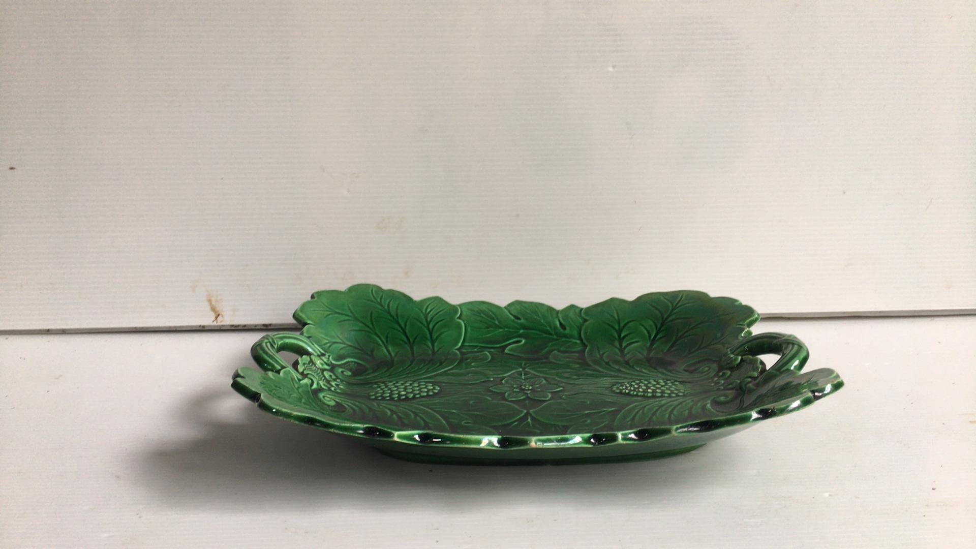 Country 19th Century English Green Majolica Handled Platter 