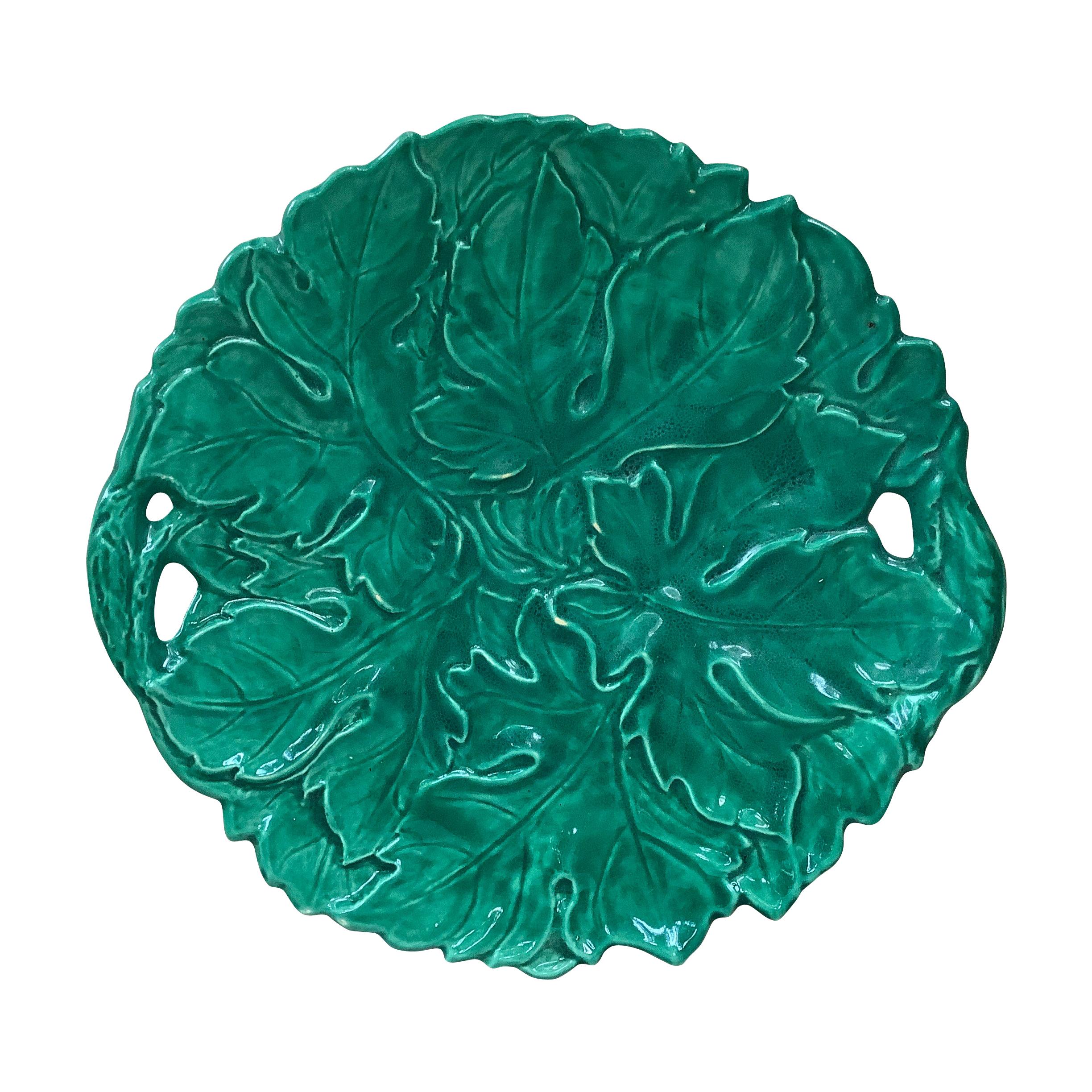 19th Century English Green Majolica Handled Platter  In Good Condition In Austin, TX
