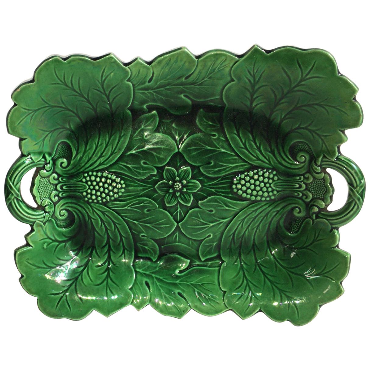 19th Century English Green Majolica Handled Platter
