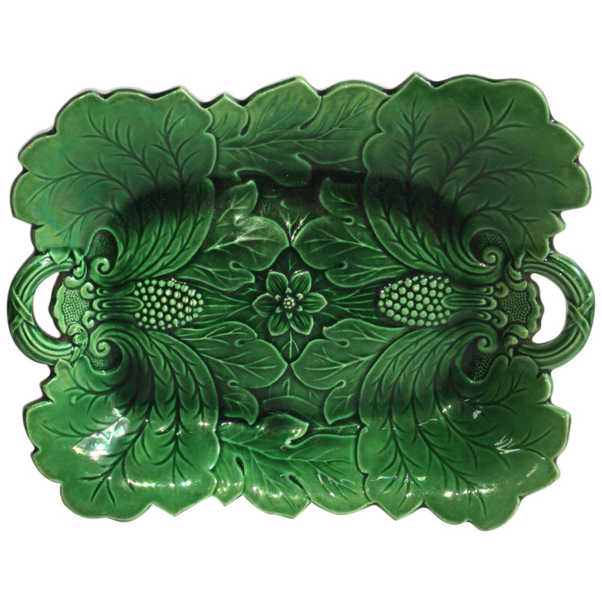 19th Century English Green Majolica Handled Platter 