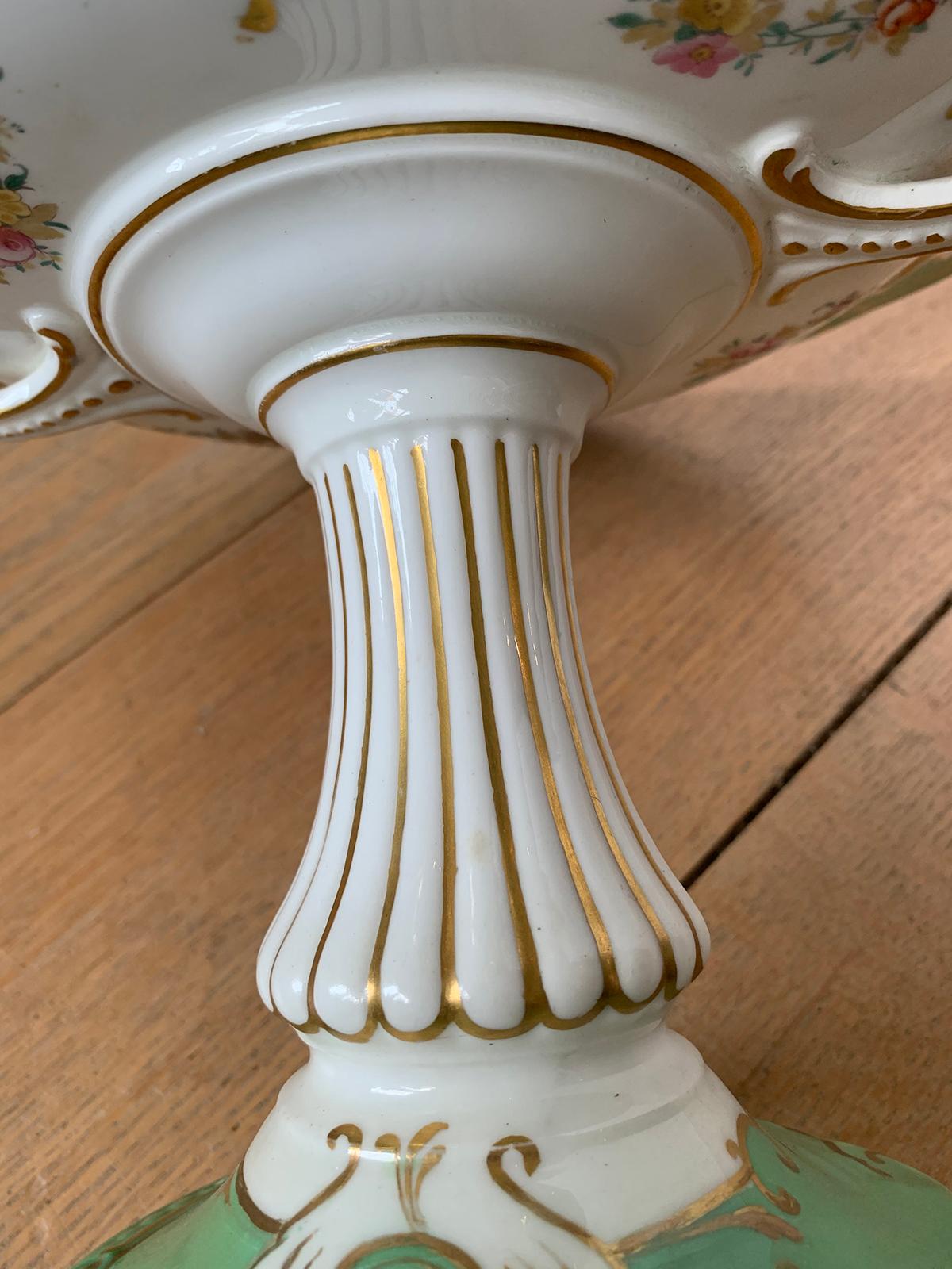 19th Century English Green & White Porcelain Compote with Gilt Details, Unmarked 8