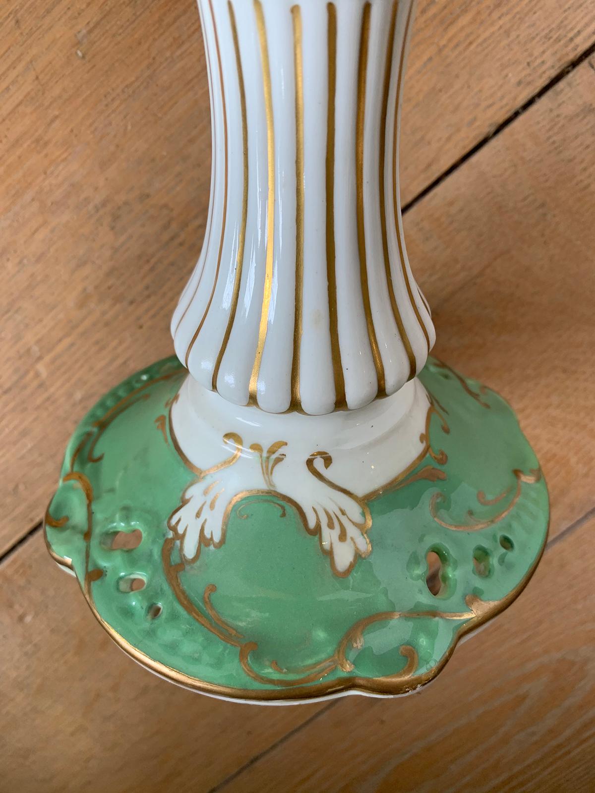 19th Century English Green & White Porcelain Compote with Gilt Details, Unmarked 9