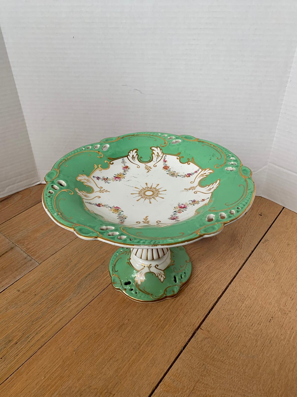 19th Century English Green & White Porcelain Compote with Gilt Details, Unmarked 11