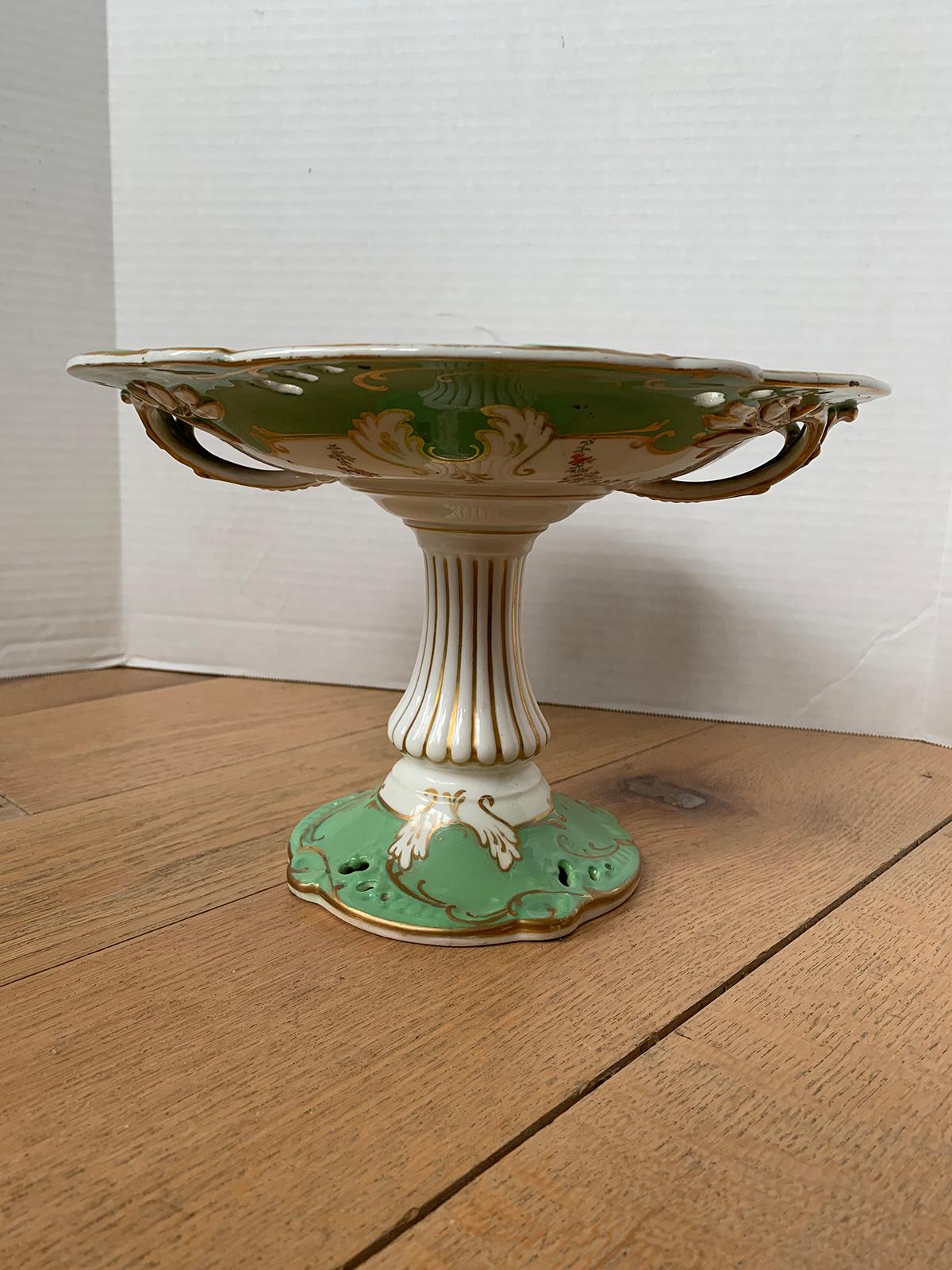 19th century English green and white porcelain compote with gilt details, unmarked.