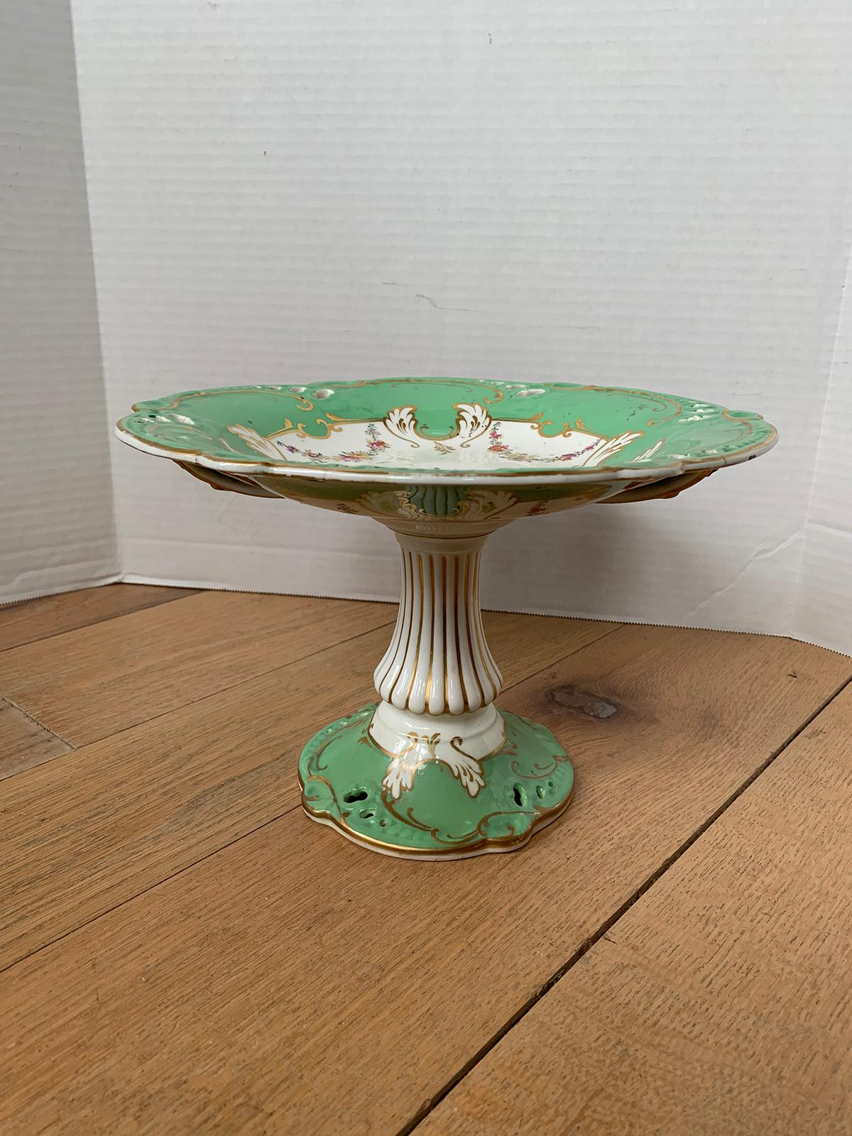19th Century English Green & White Porcelain Compote with Gilt Details, Unmarked In Good Condition In Atlanta, GA