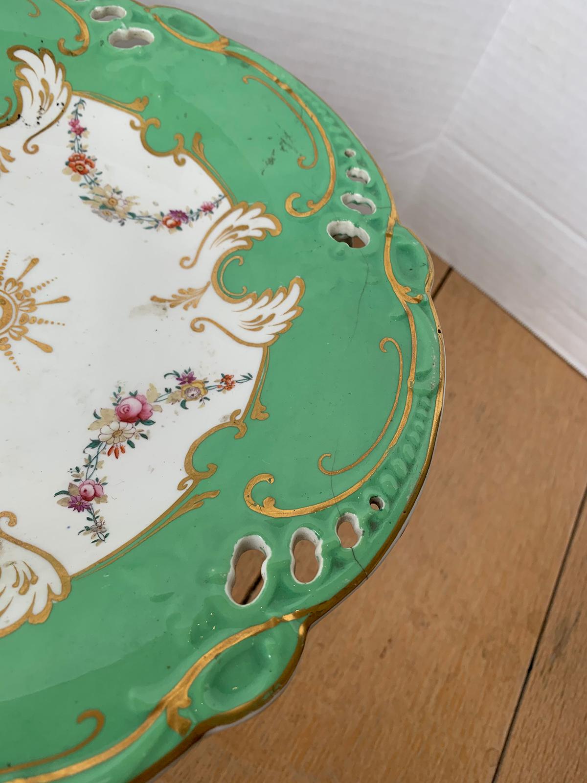 19th Century English Green & White Porcelain Compote with Gilt Details, Unmarked 2