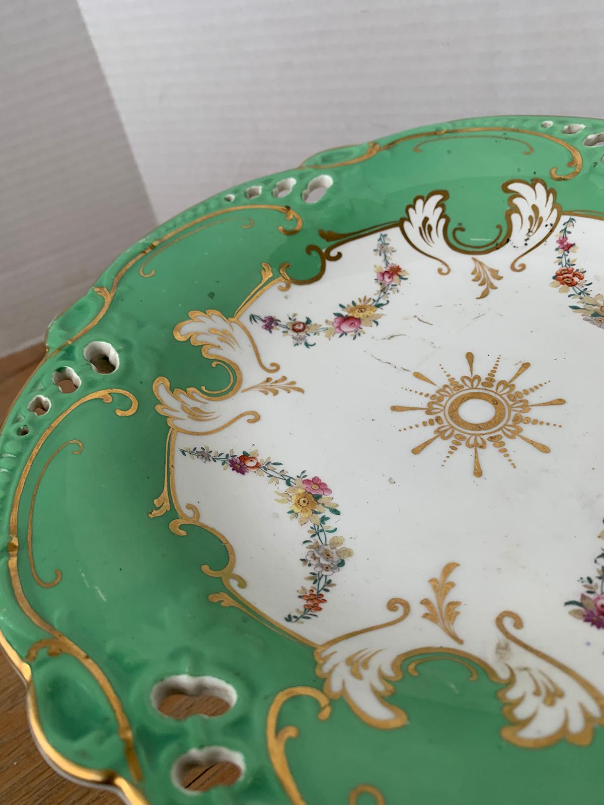 19th Century English Green & White Porcelain Compote with Gilt Details, Unmarked 4
