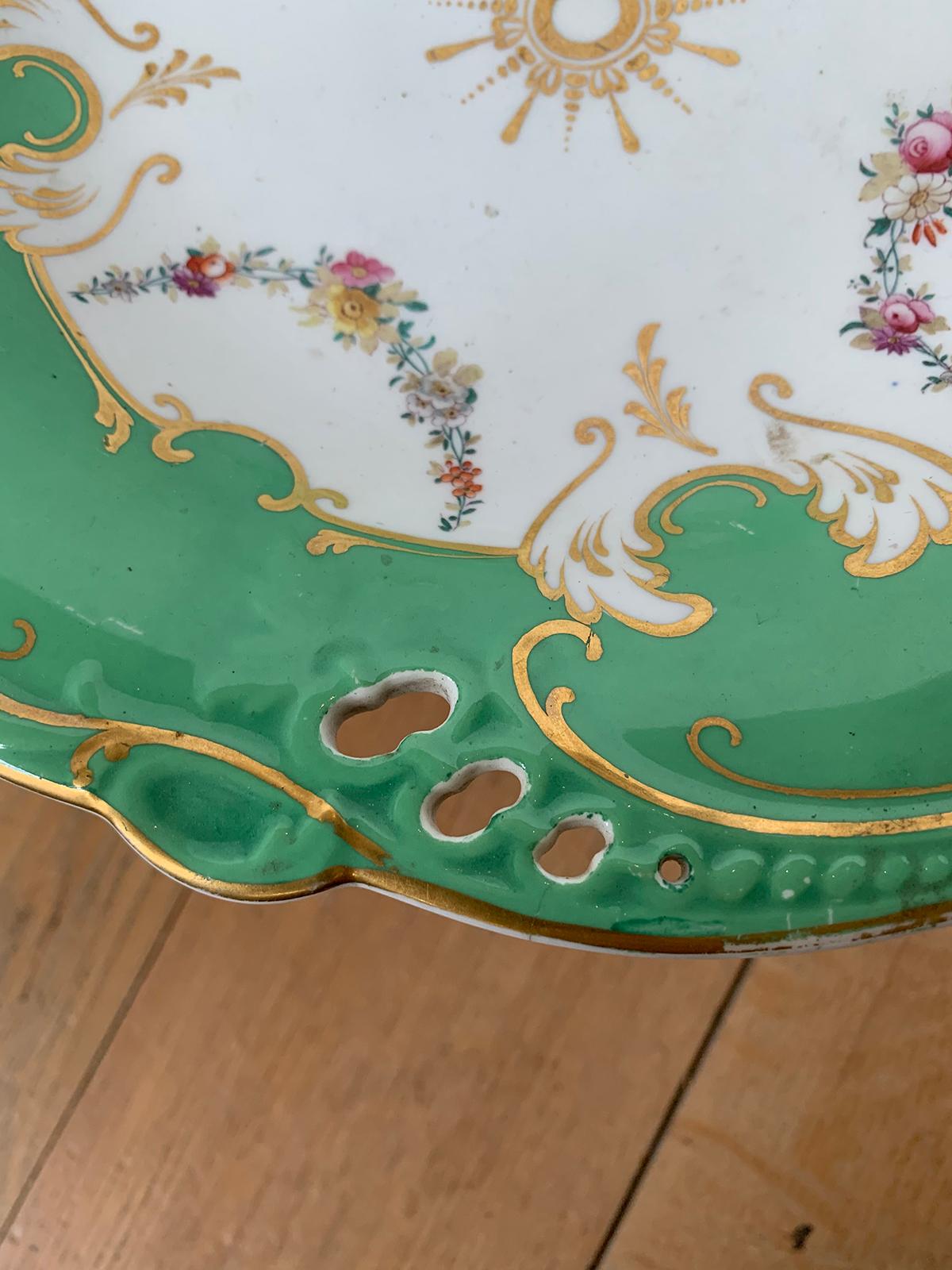 19th Century English Green & White Porcelain Compote with Gilt Details, Unmarked 5