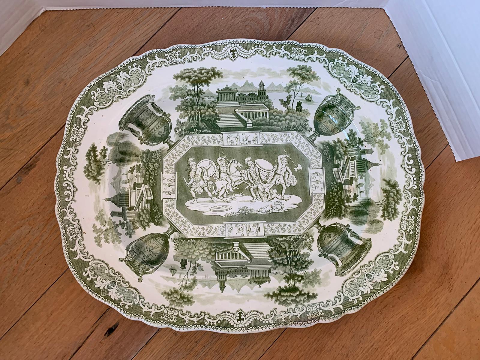 19th century English green and white transferware stone China porcelain oval charger or meat platter with unidentified mark 
