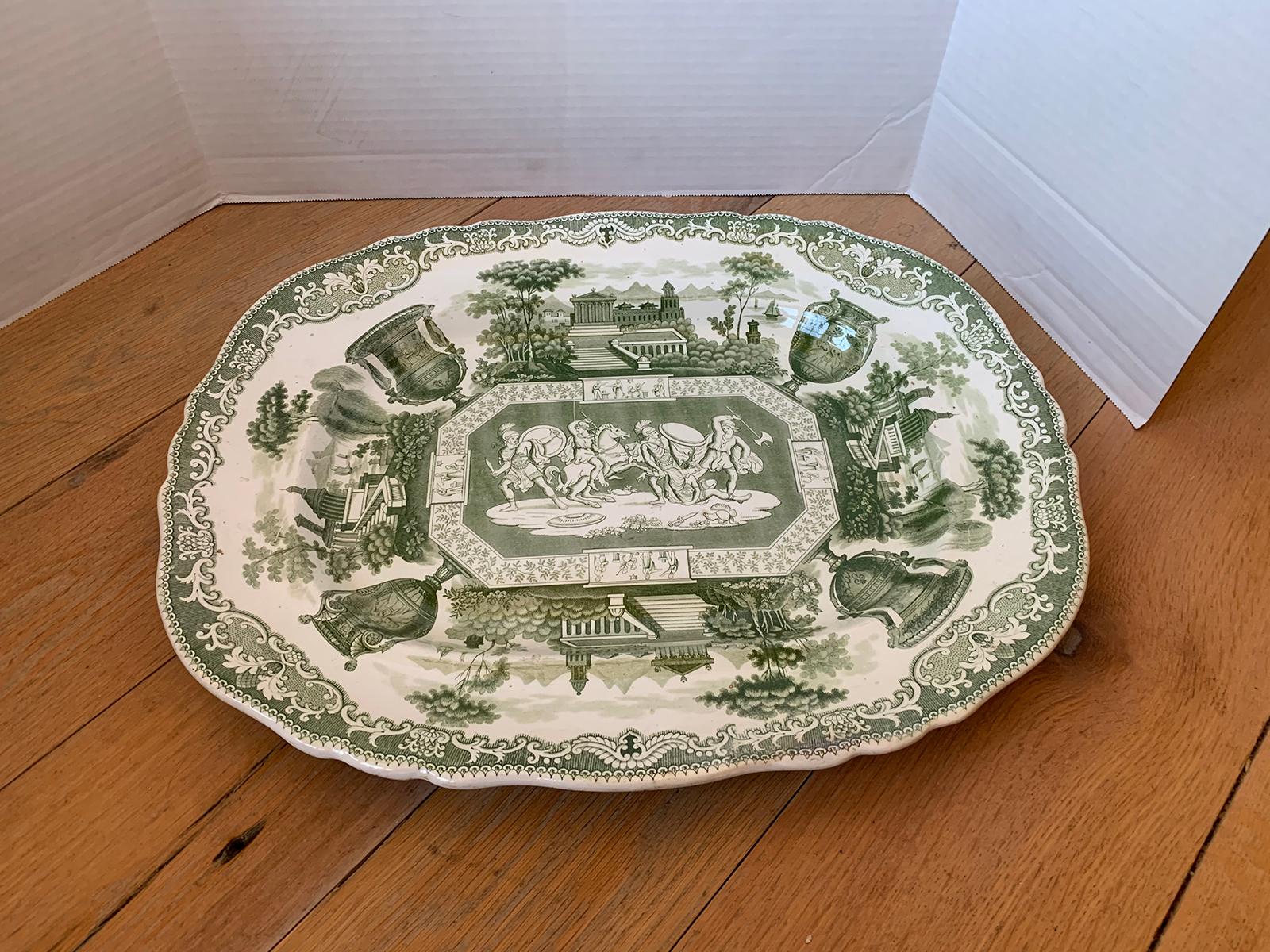 19th Century English Green and White Transferware Stone China Oval Charger For Sale 1
