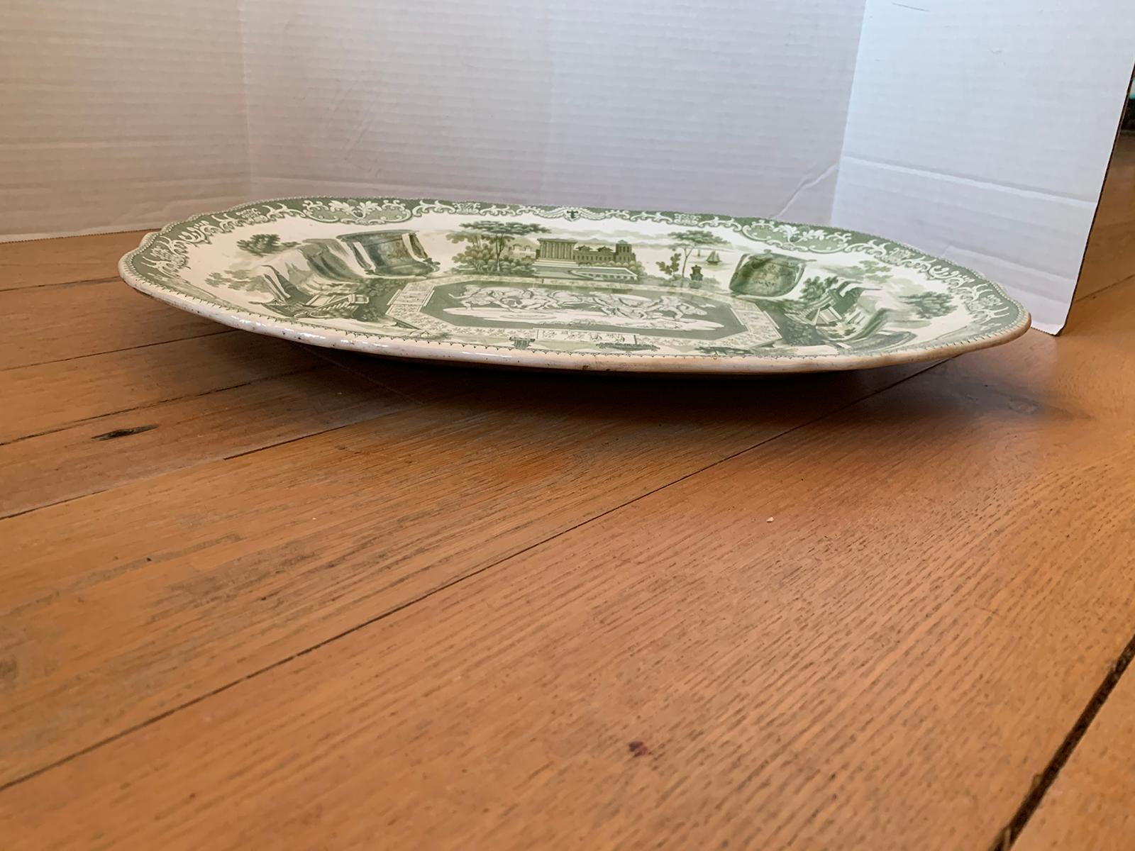 19th Century English Green and White Transferware Stone China Oval Charger For Sale 2
