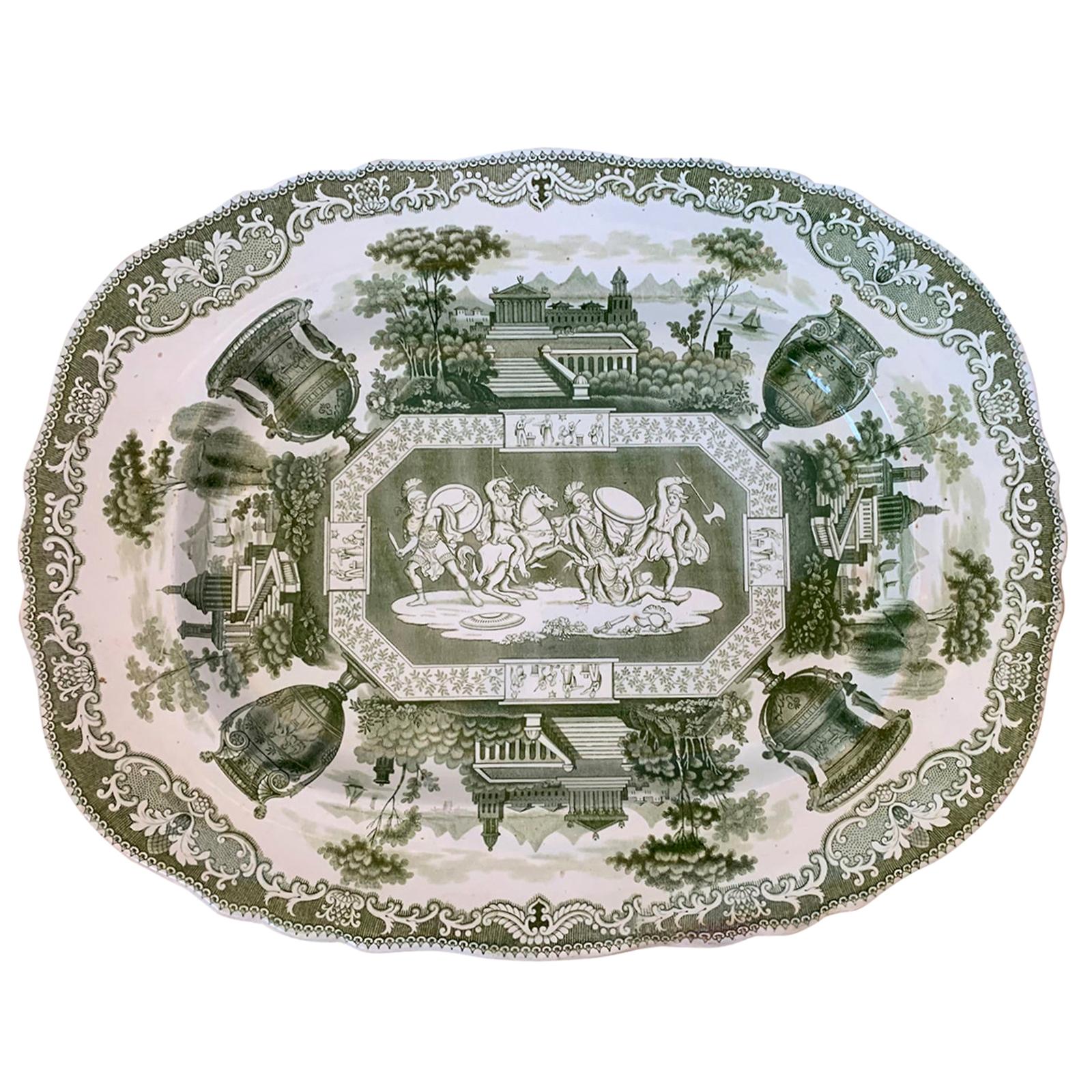 19th Century English Green and White Transferware Stone China Oval Charger For Sale