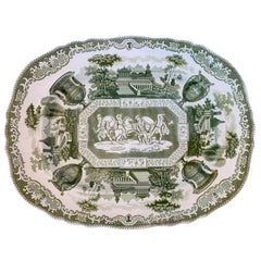 19th Century English Green and White Transferware Stone China Oval Charger