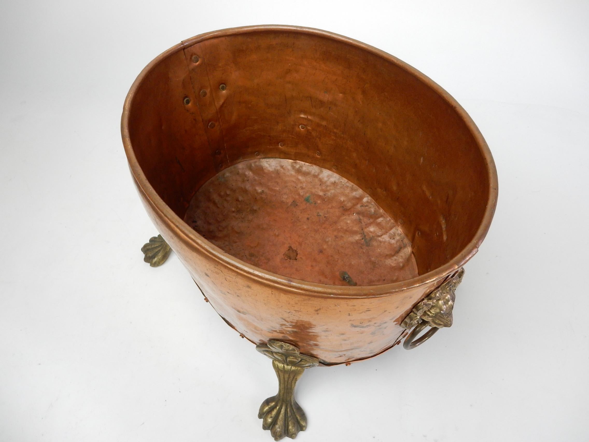 Hand-Crafted 19th Century English Hammered Copper & Brass Claw Footed Lion Log Bin Planter For Sale
