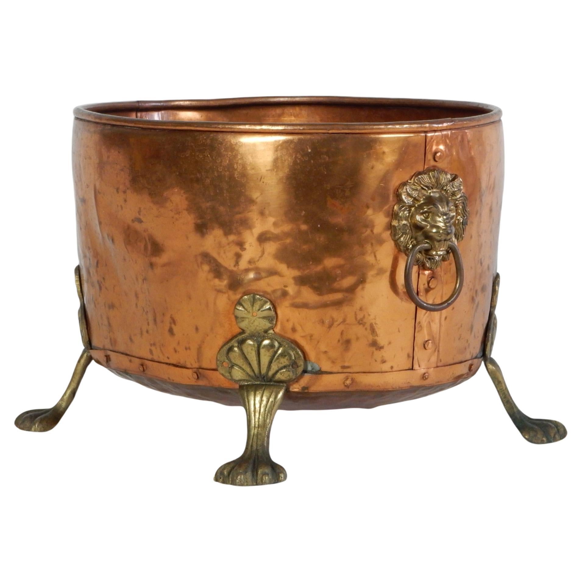 19th Century English Hammered Copper & Brass Claw Footed Lion Log Bin Planter For Sale 4