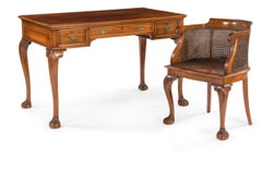 19th Century English Hand Carved Walnut Writing Desk and Cane Armchair