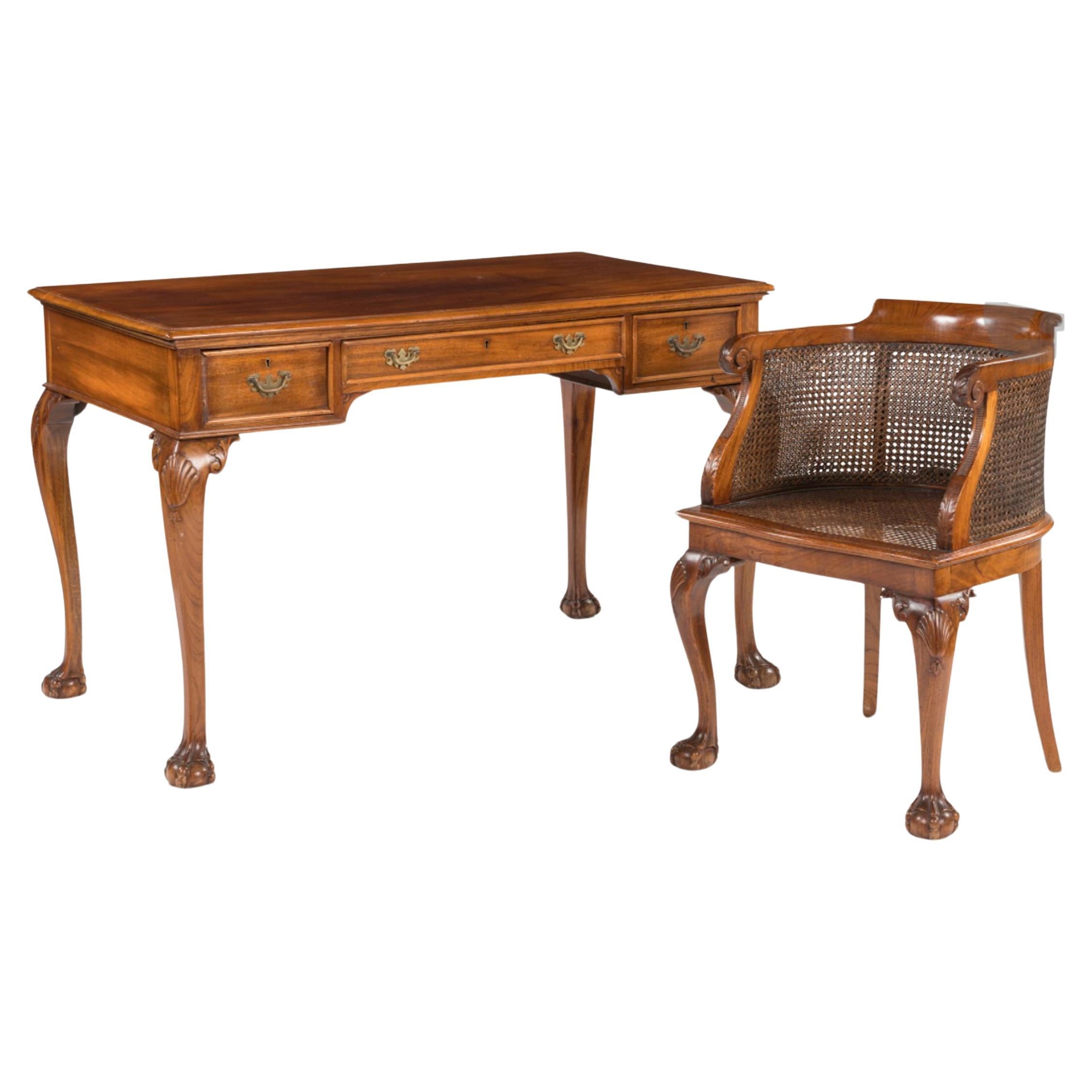 19th Century English Hand Carved Walnut Writing Desk and Cane Armchair  For Sale