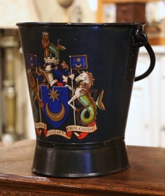 19th Century English Hand-Painted Blue Iron Coal Bucket with Coat of Arms Decor