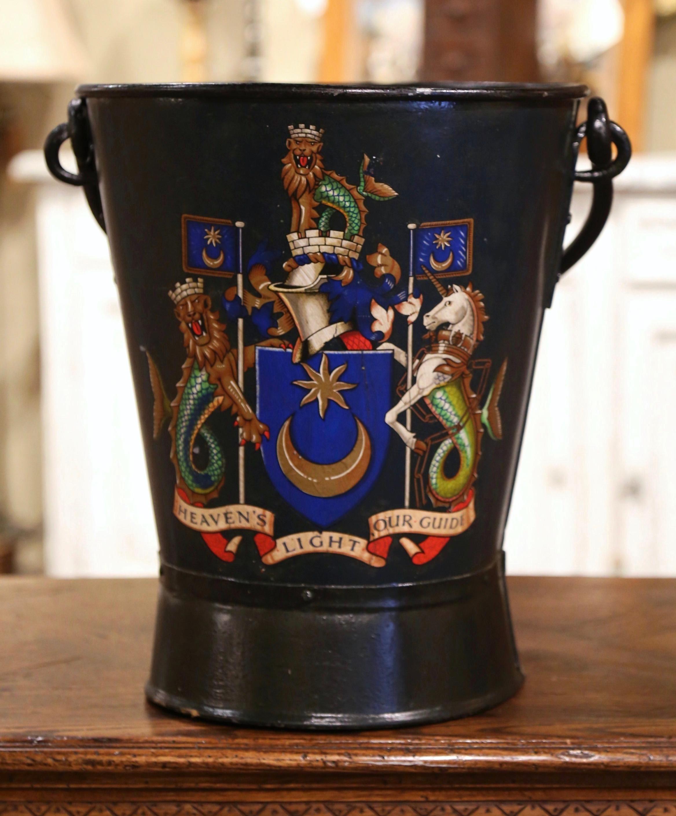 Gilt 19th Century English Hand-Painted Blue Iron Coal Bucket with Coat of Arms Decor