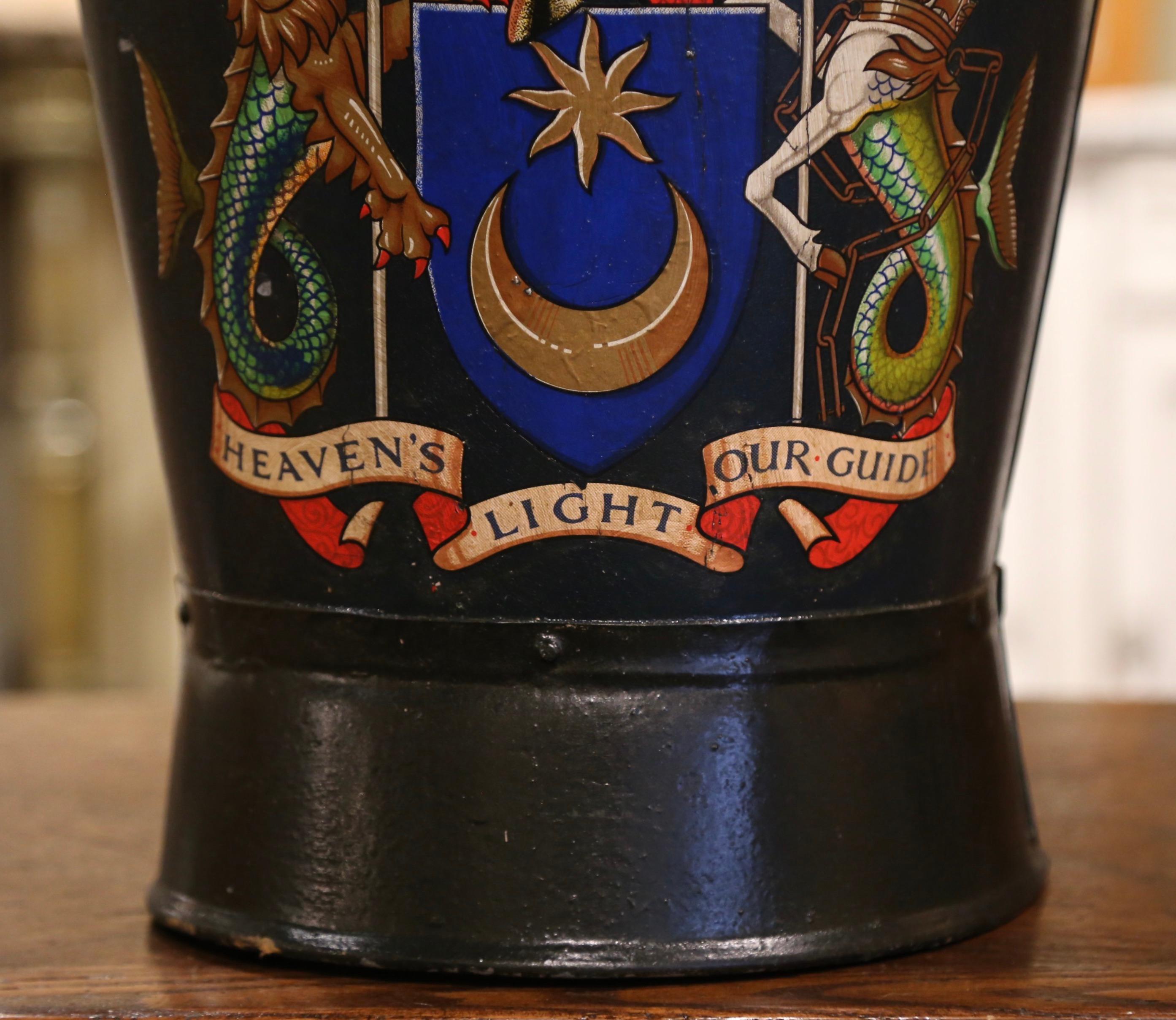 19th Century English Hand-Painted Blue Iron Coal Bucket with Coat of Arms Decor In Excellent Condition In Dallas, TX