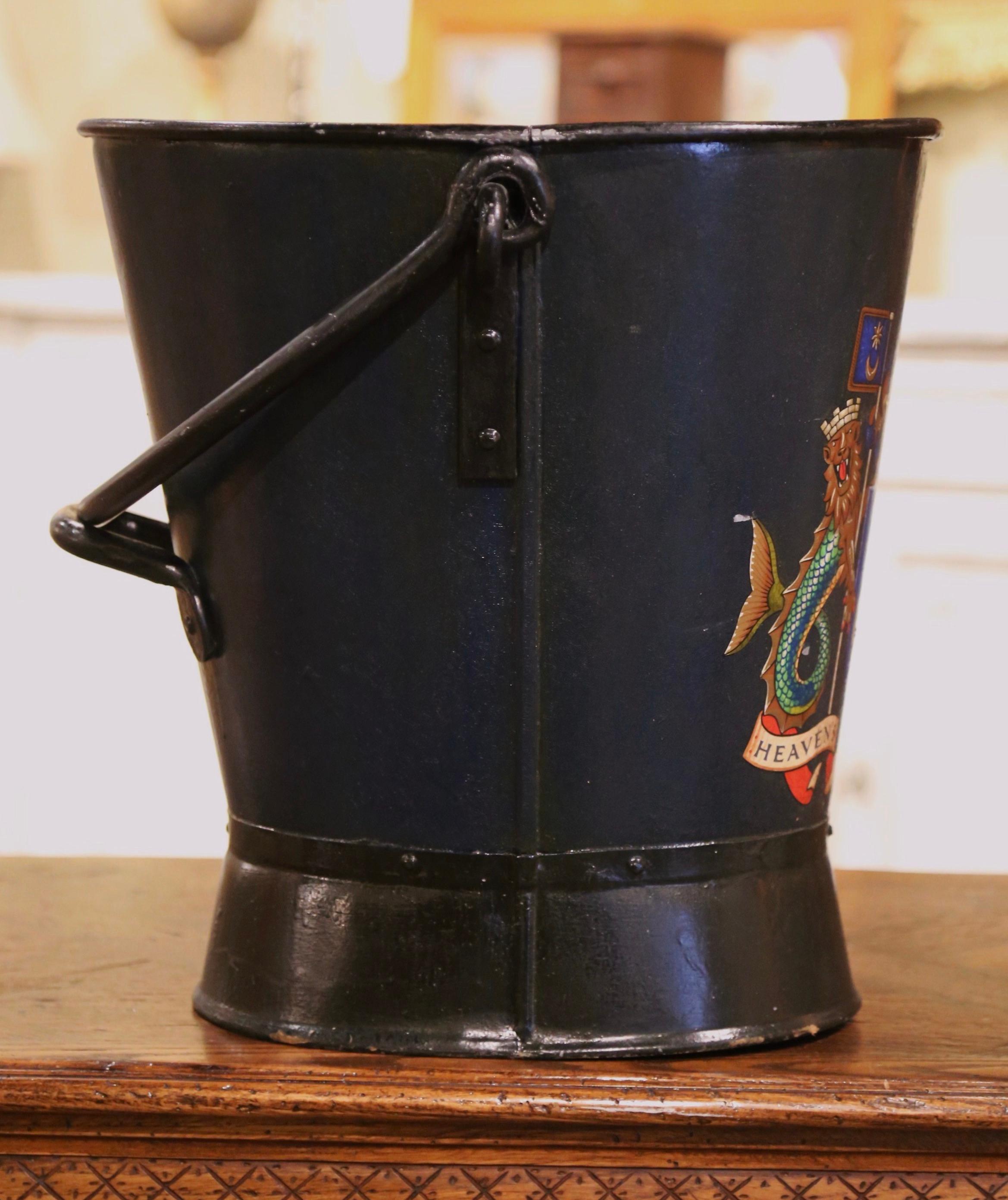 Metal 19th Century English Hand-Painted Blue Iron Coal Bucket with Coat of Arms Decor