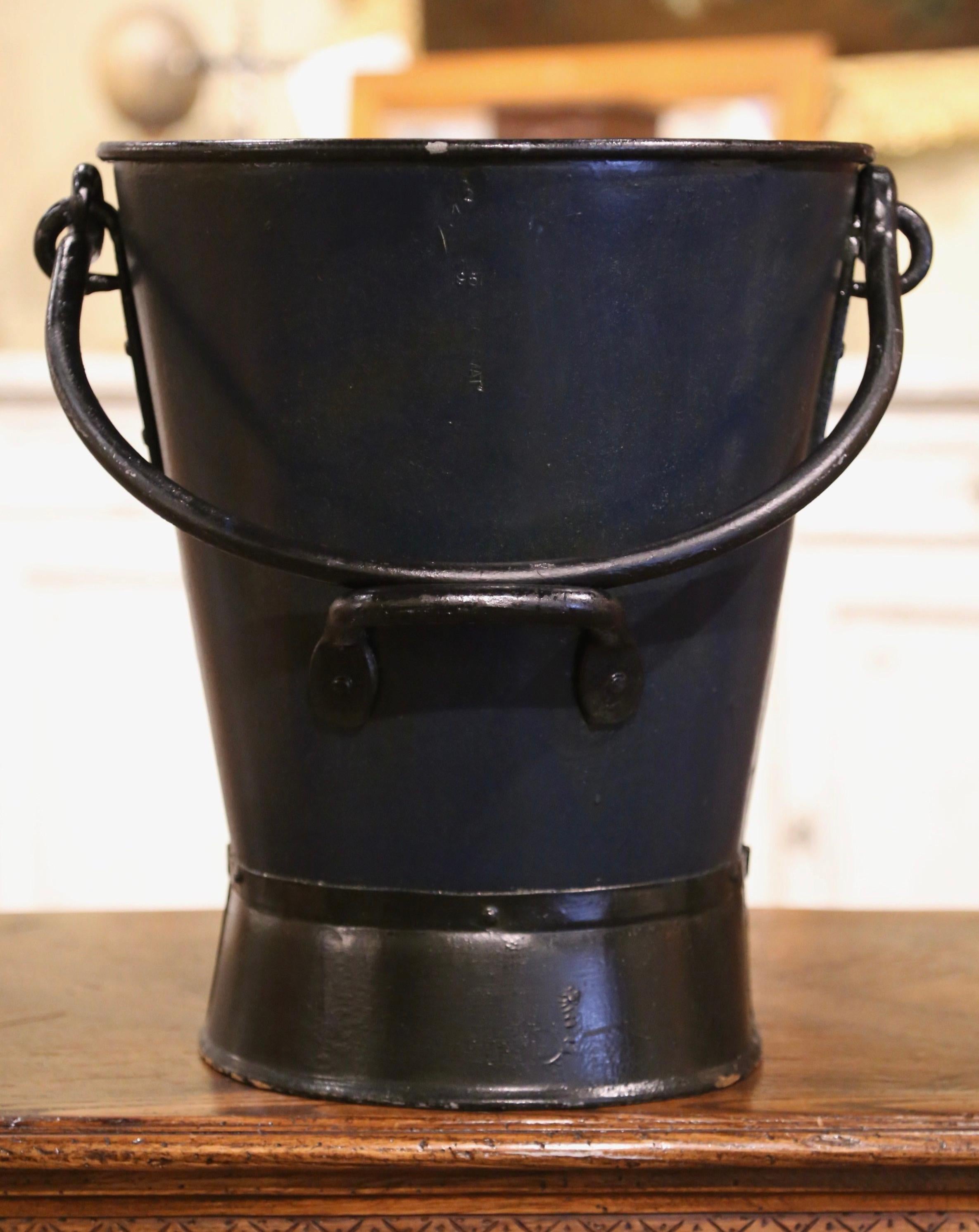 19th Century English Hand-Painted Blue Iron Coal Bucket with Coat of Arms Decor 1