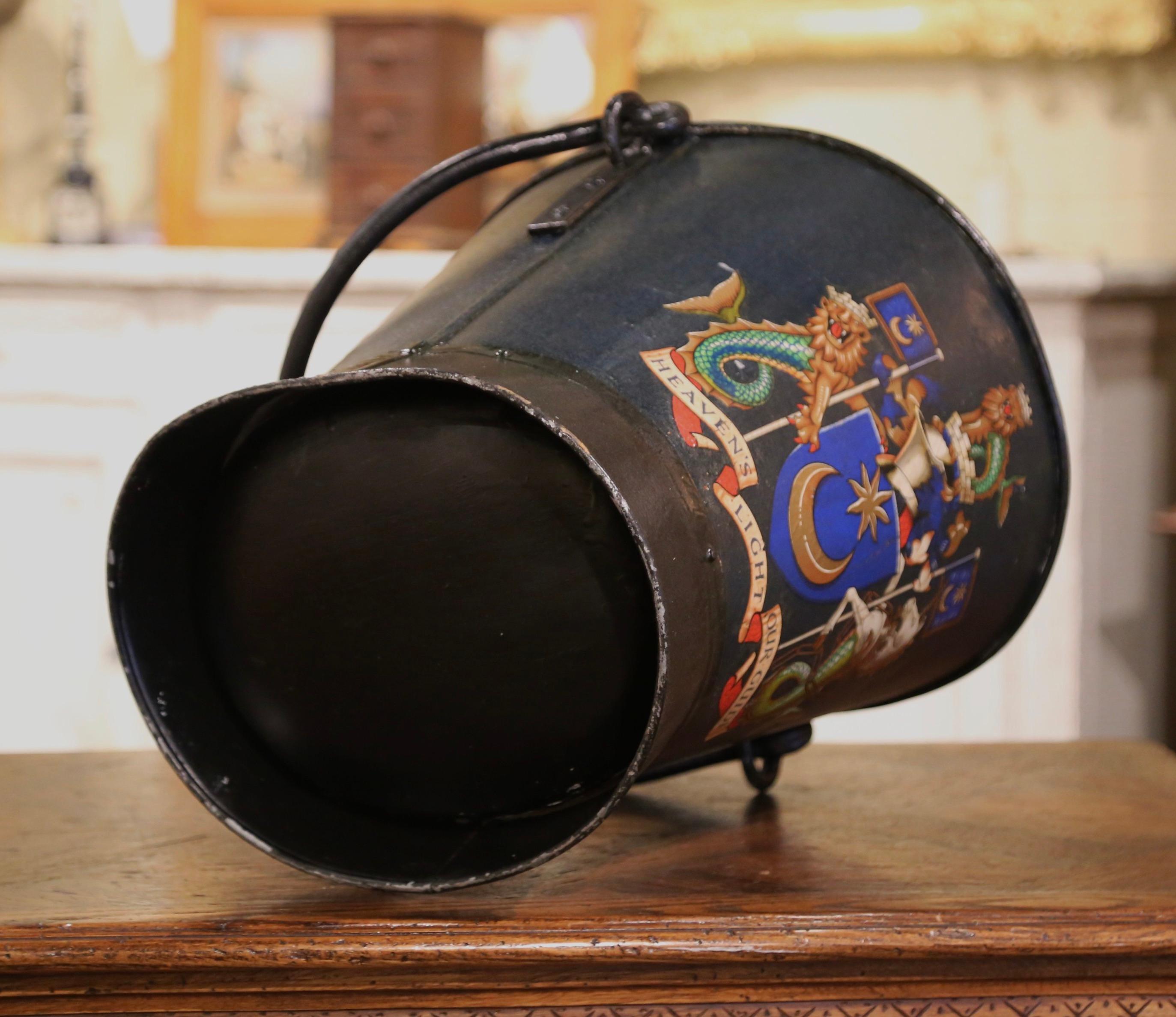 19th Century English Hand-Painted Blue Iron Coal Bucket with Coat of Arms Decor 2