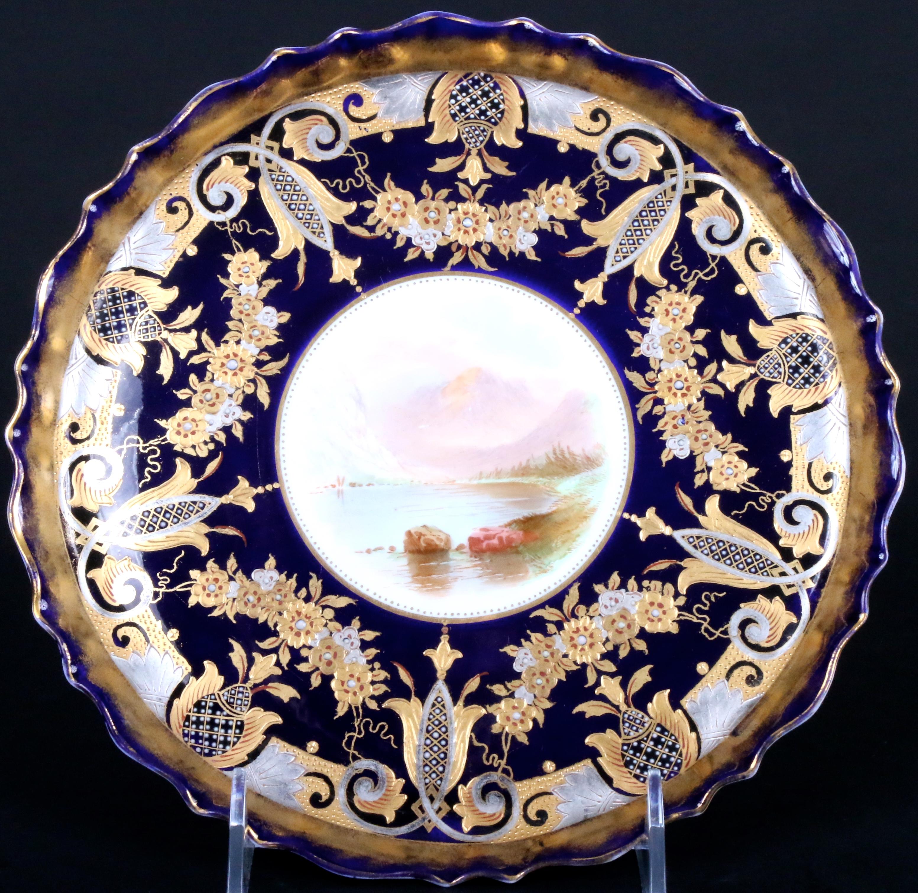 Gold Leaf 19th Century English Hand-Painted Cobalt Dessert Service For Sale