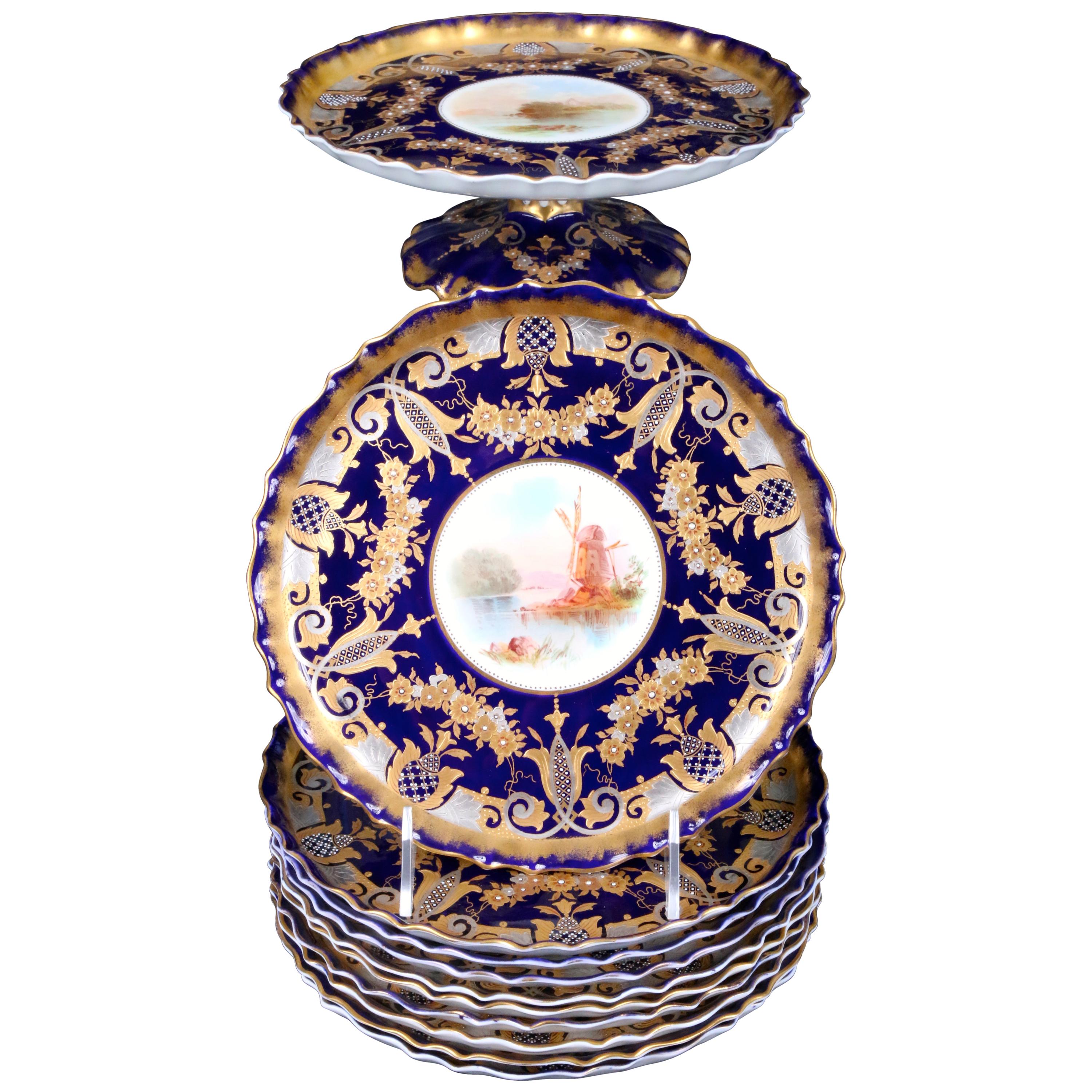 19th Century English Hand-Painted Cobalt Dessert Service For Sale