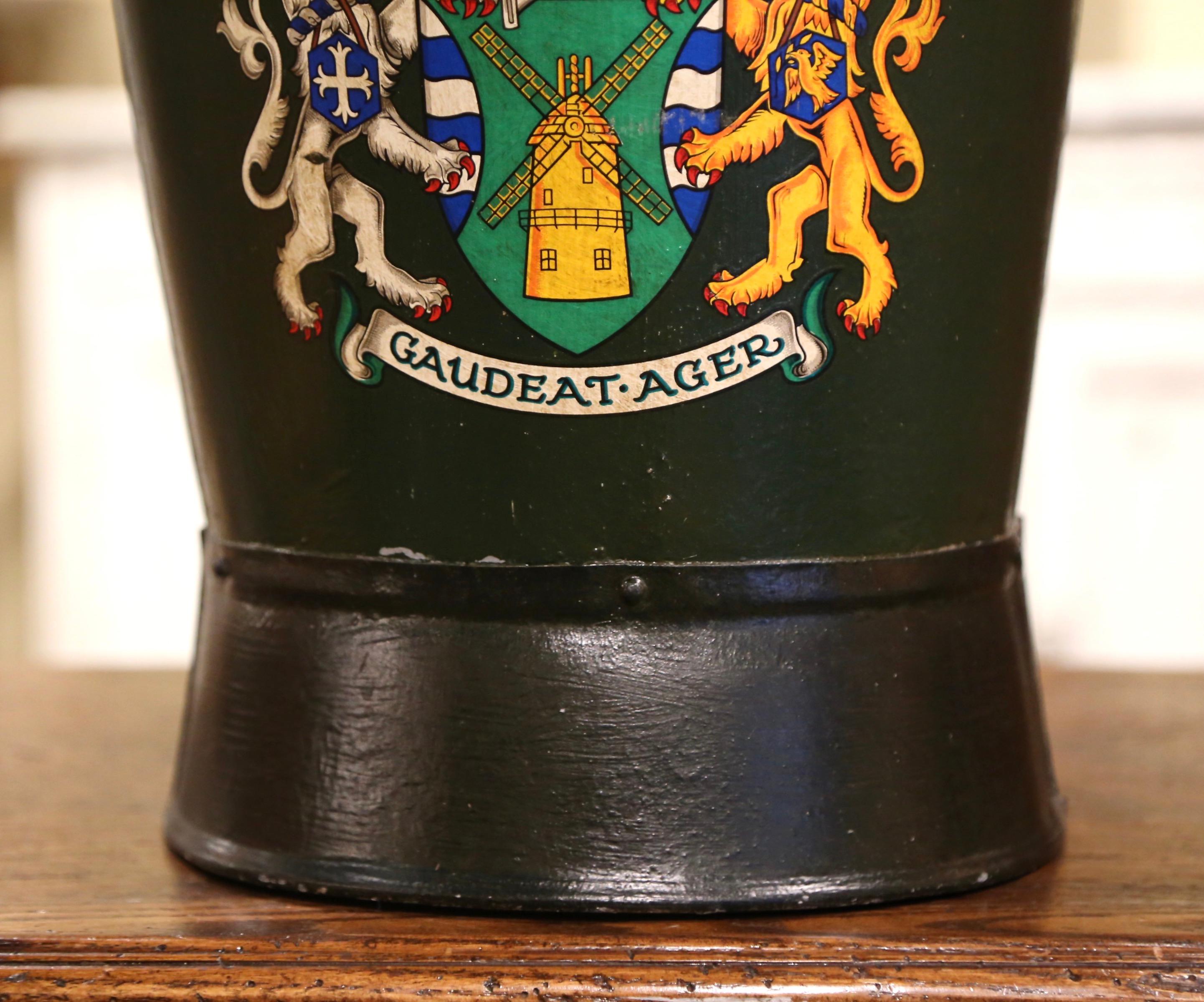 Gilt 19th Century English Hand-Painted Green Iron Coal Bucket with Coat of Arms Decor