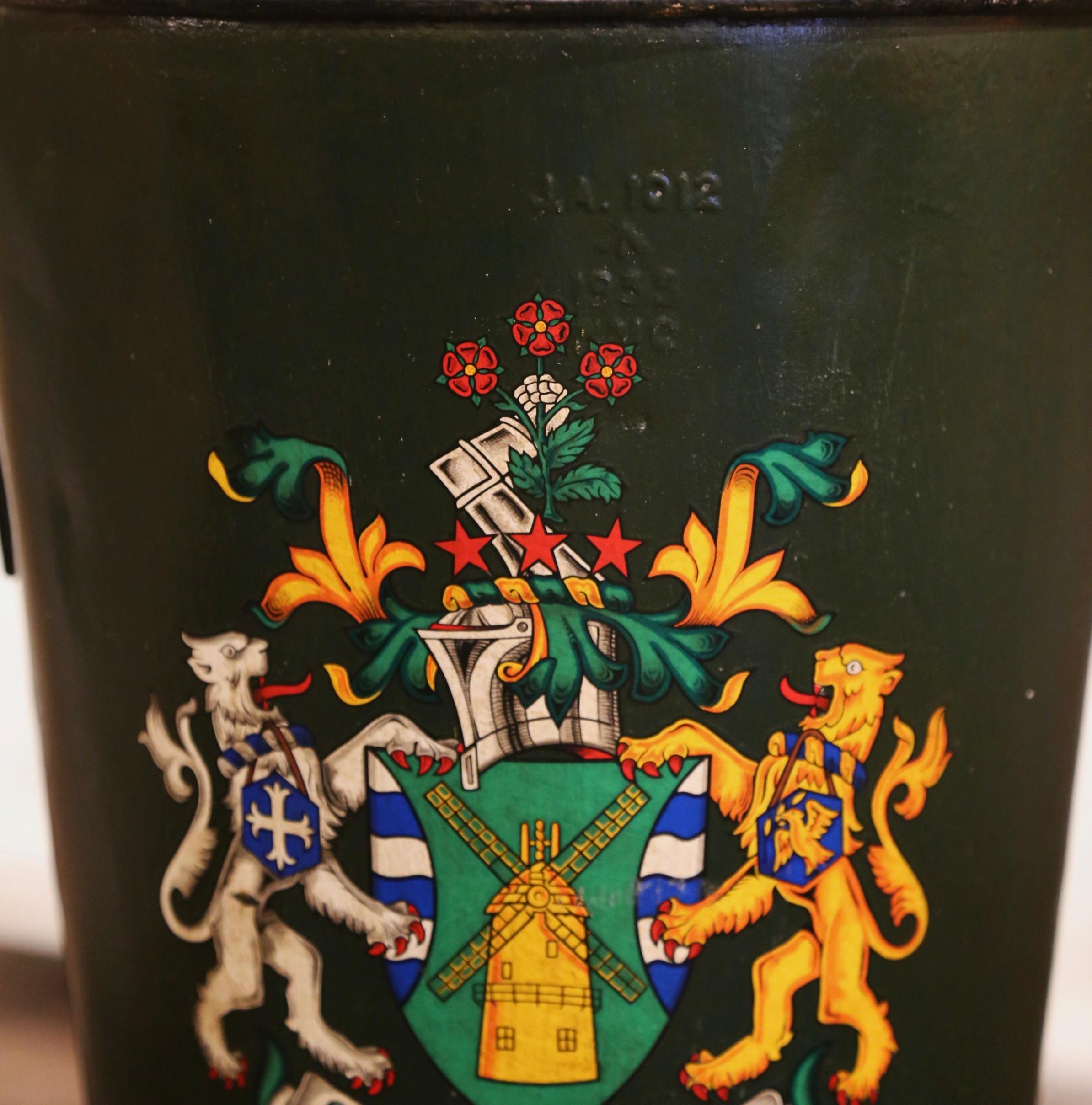 Metal 19th Century English Hand-Painted Green Iron Coal Bucket with Coat of Arms Decor