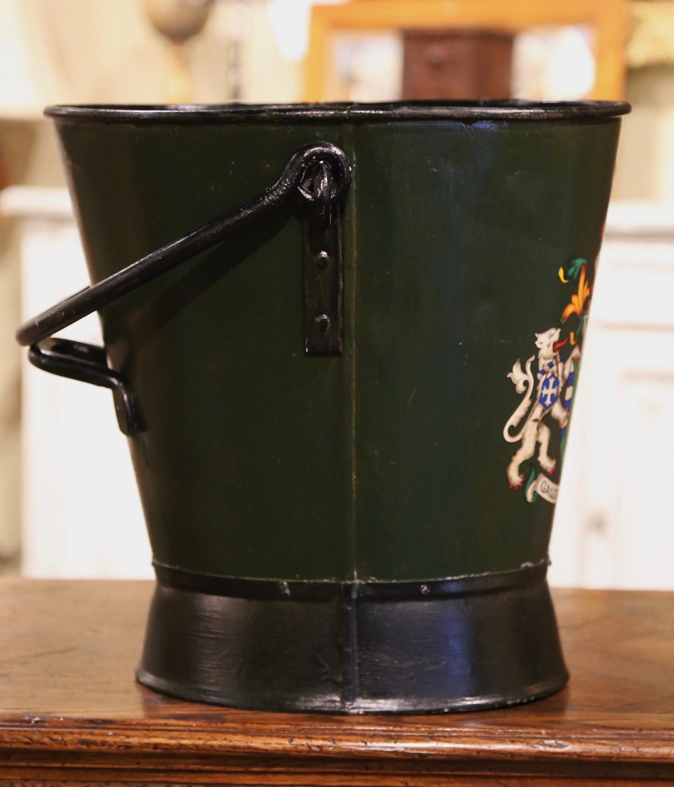 19th Century English Hand-Painted Green Iron Coal Bucket with Coat of Arms Decor 1