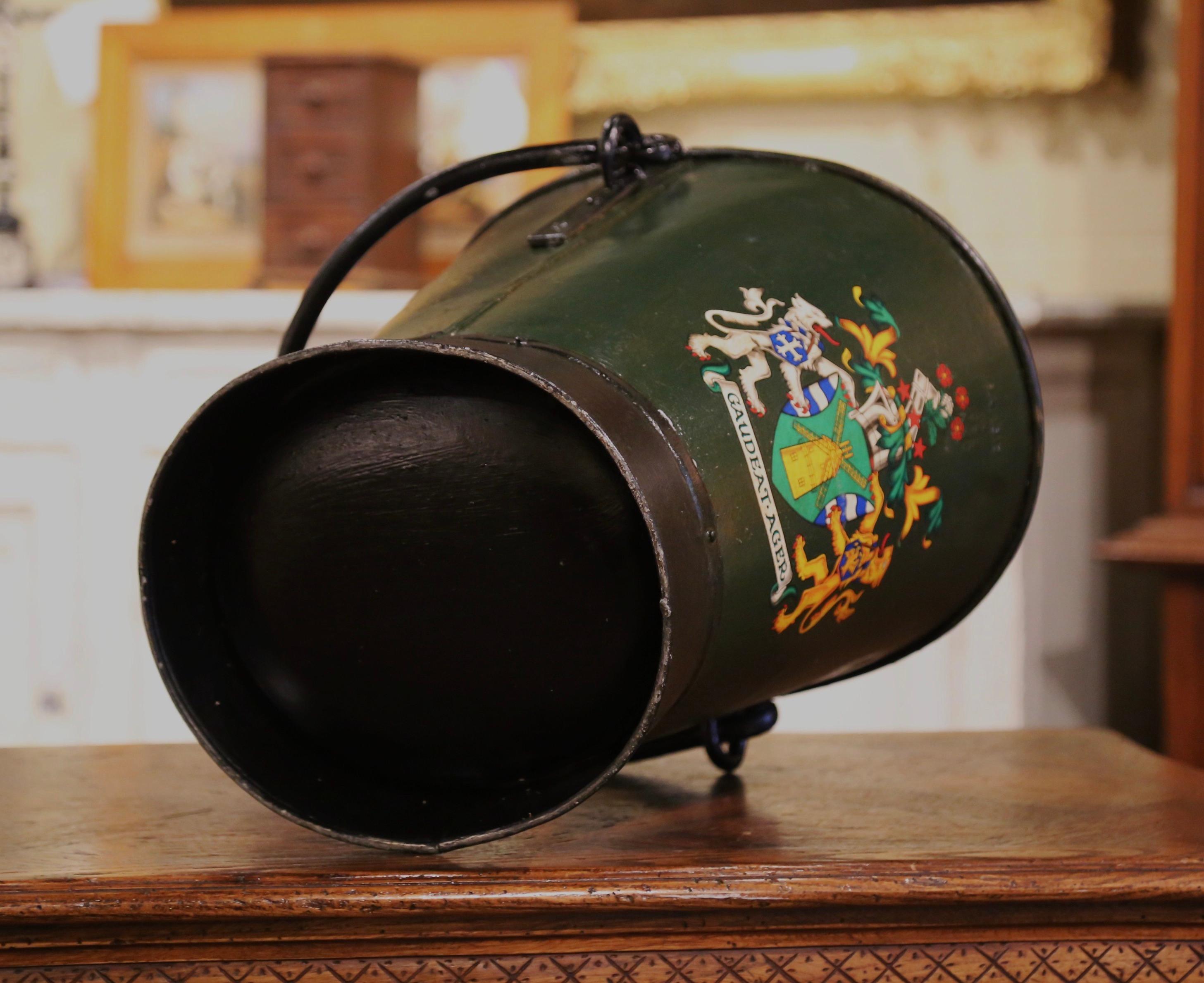 19th Century English Hand-Painted Green Iron Coal Bucket with Coat of Arms Decor 3