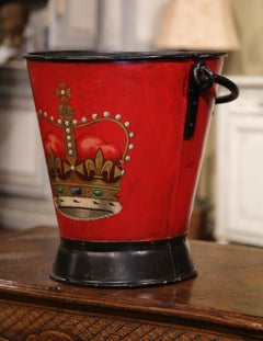 19th Century English Hand-Painted Iron Coal Bucket with Coat of Arms Decor