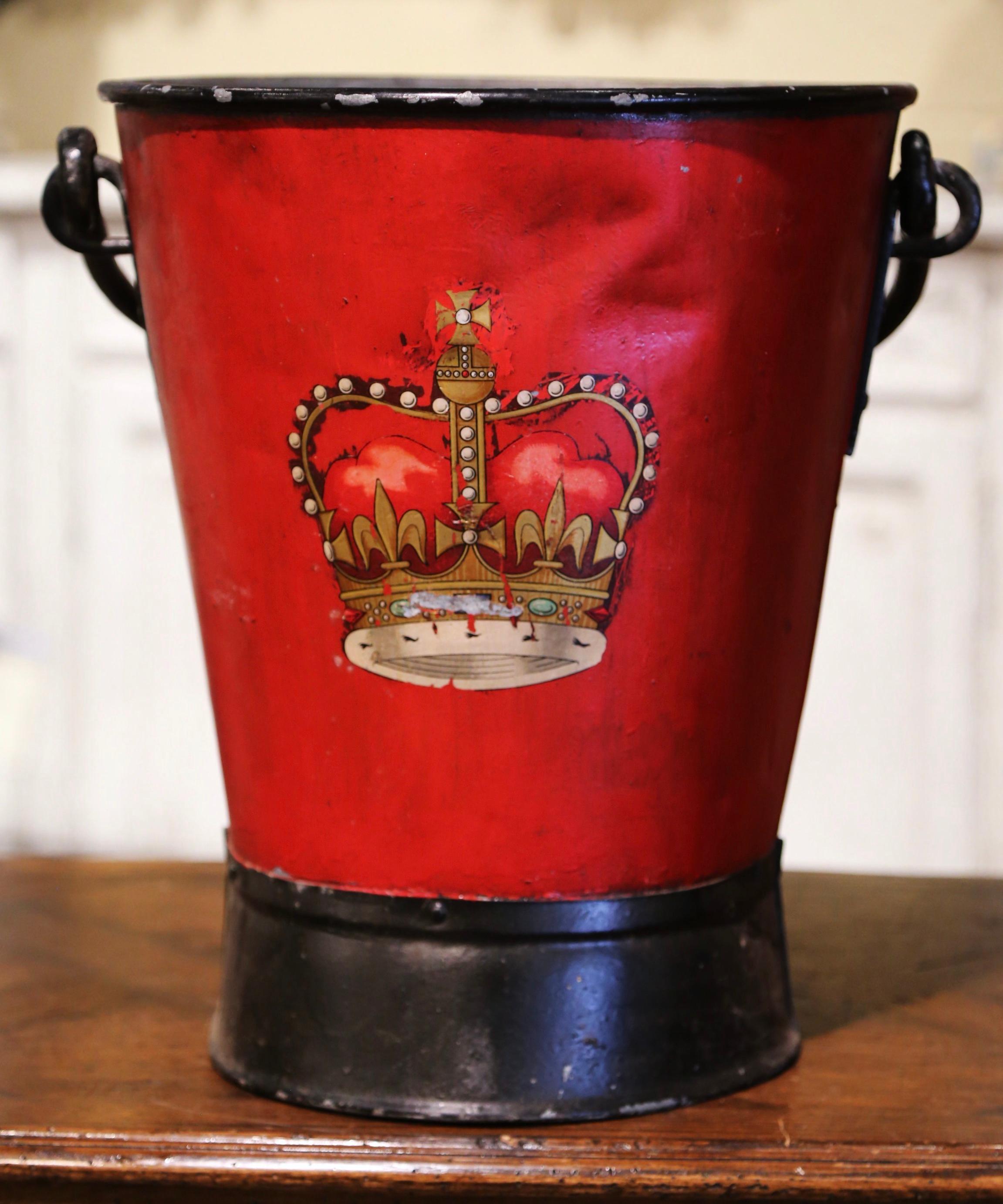 Gilt 19th Century English Hand Painted Iron Coal Bucket with Coat of Arms Decor