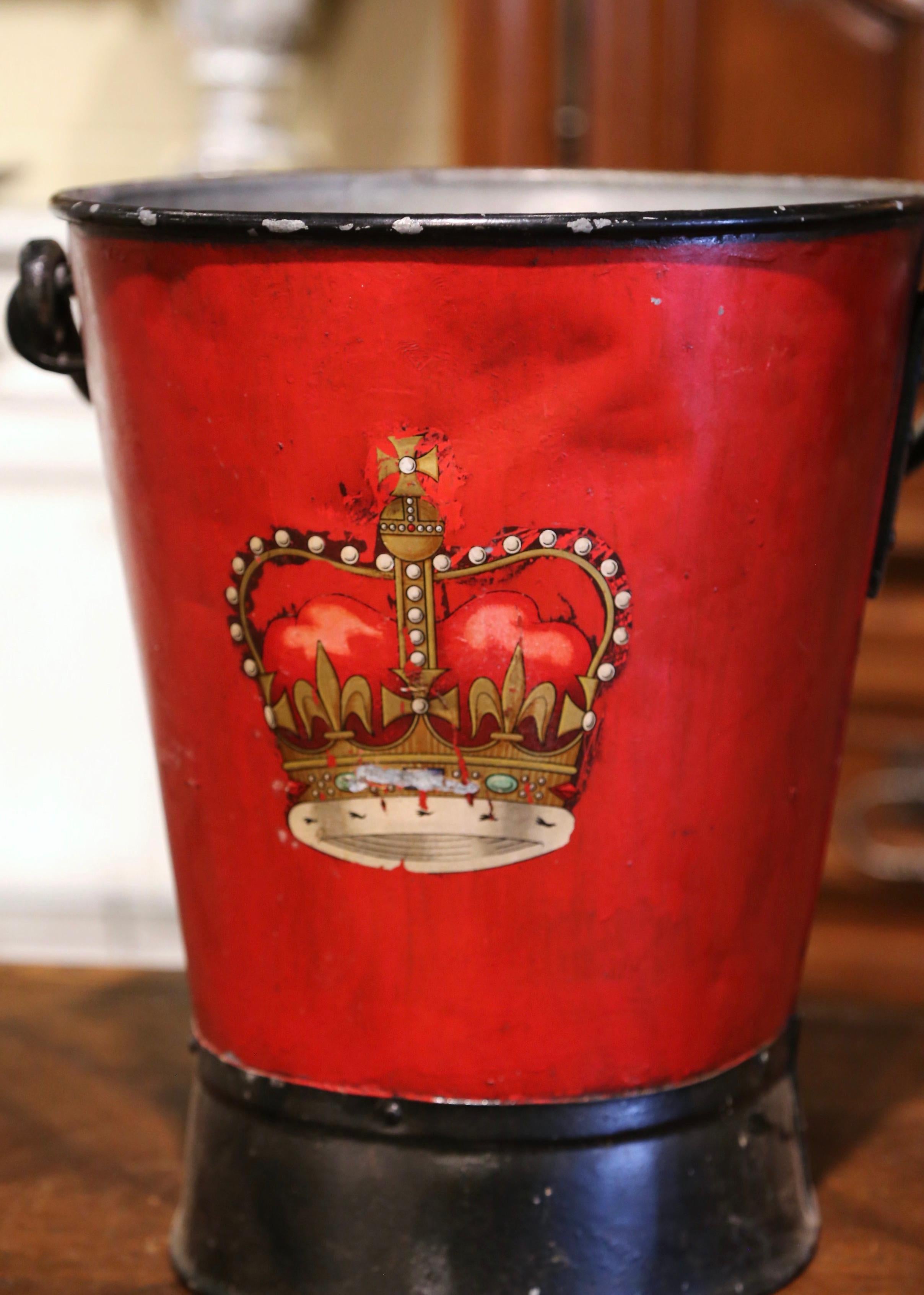 Metal 19th Century English Hand Painted Iron Coal Bucket with Coat of Arms Decor