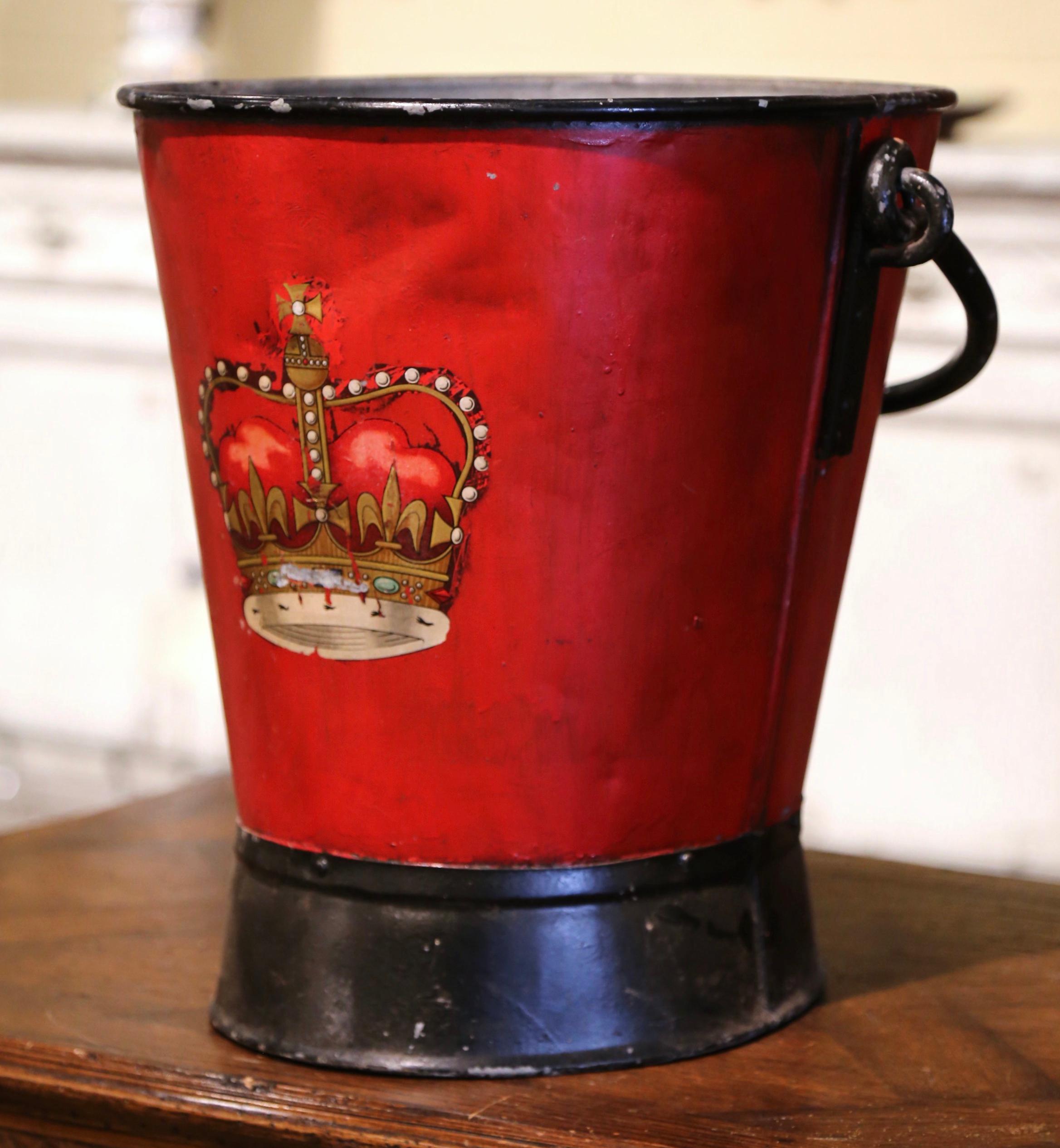 19th Century English Hand Painted Iron Coal Bucket with Coat of Arms Decor 1
