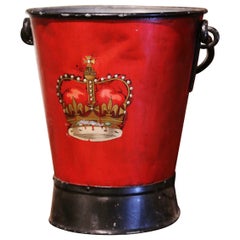 19th Century English Hand Painted Iron Coal Bucket with Coat of Arms Decor